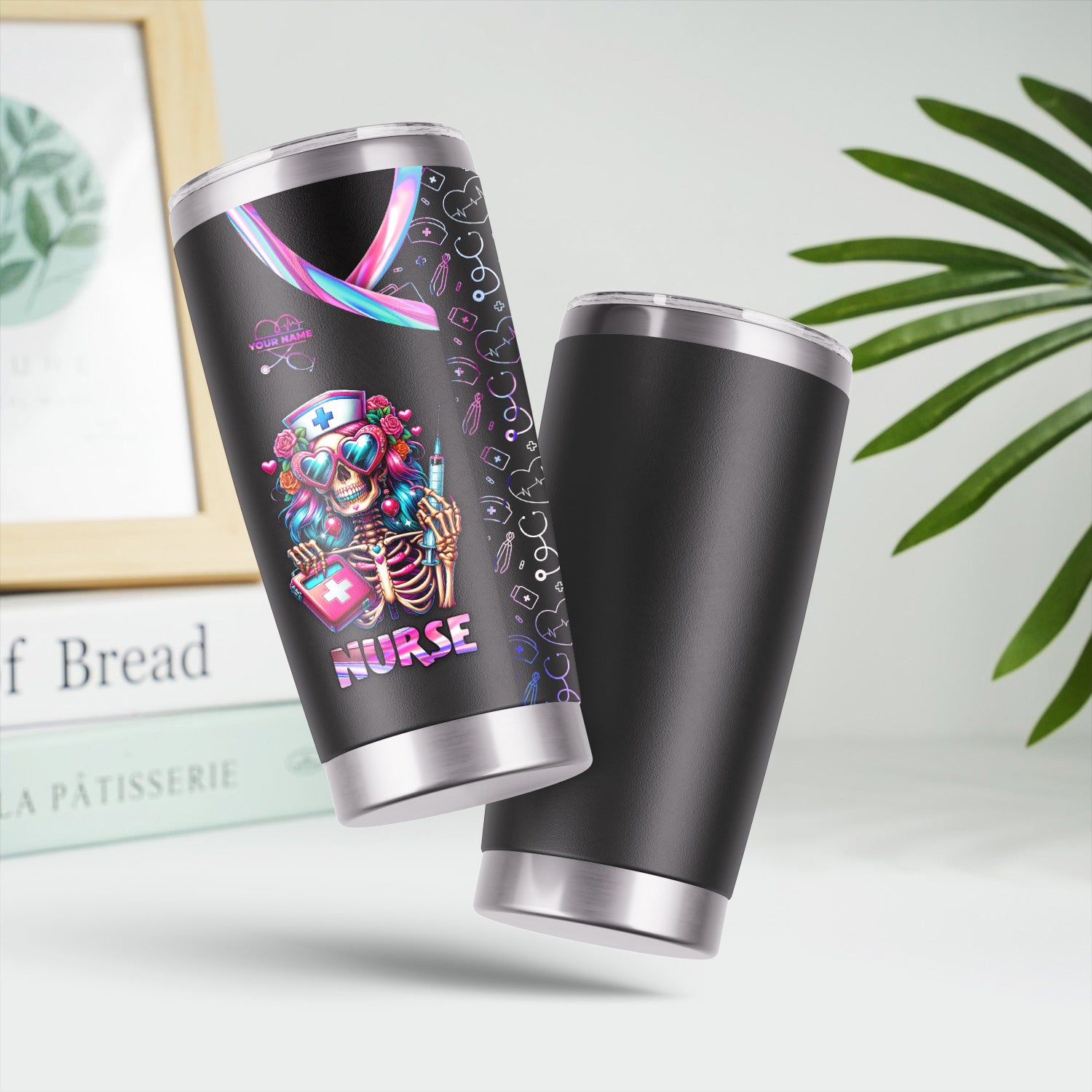 Custom Funny Skeleton Nurse Tumbler - Neon Skull with Heart Glasses & Syringe Design - Personalized Gift for RN LPN CNA