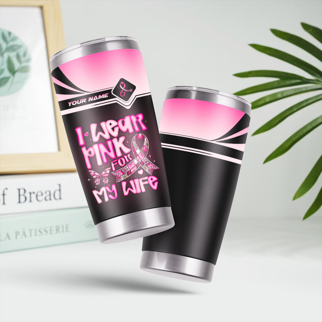 Personalized Breast Cancer Awareness Tumbler - Pink Ribbon Stainless Steel Cup - Gift for RN LPN CNA