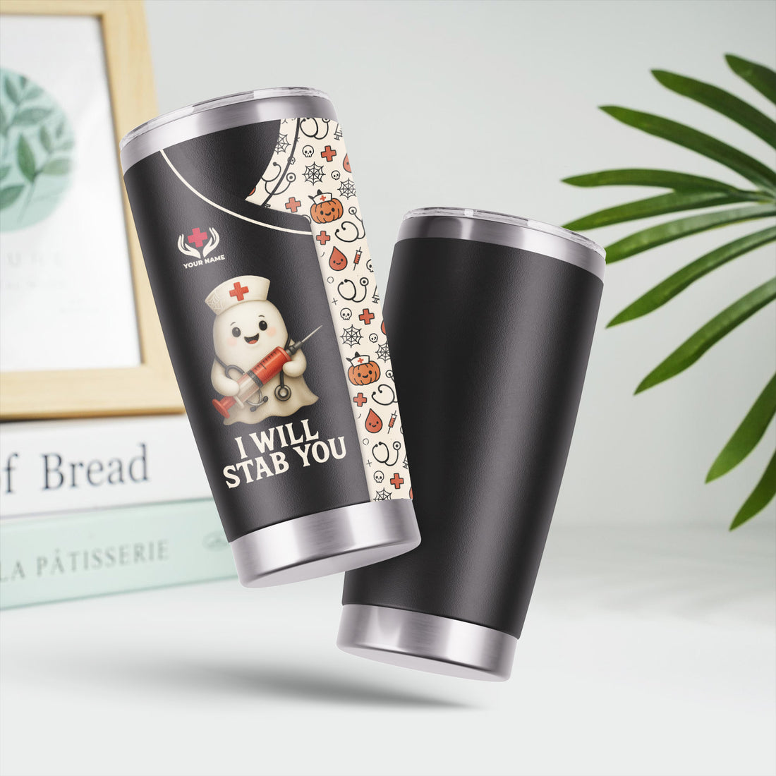 Funny Personalized Halloween Nurse Tumbler - I Will Stab You Quote with Syringe - Custom Name Gift for  RN LPN CNA Healthcare Workers