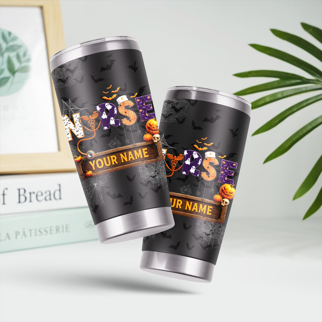 Funny Halloween Nurse Tumbler - Personalized Name & Stethoscope Design - Spooky 'Nurse' with Pumpkins and Bats - Ideal for RN, CNA, LPN Healthcare Workers