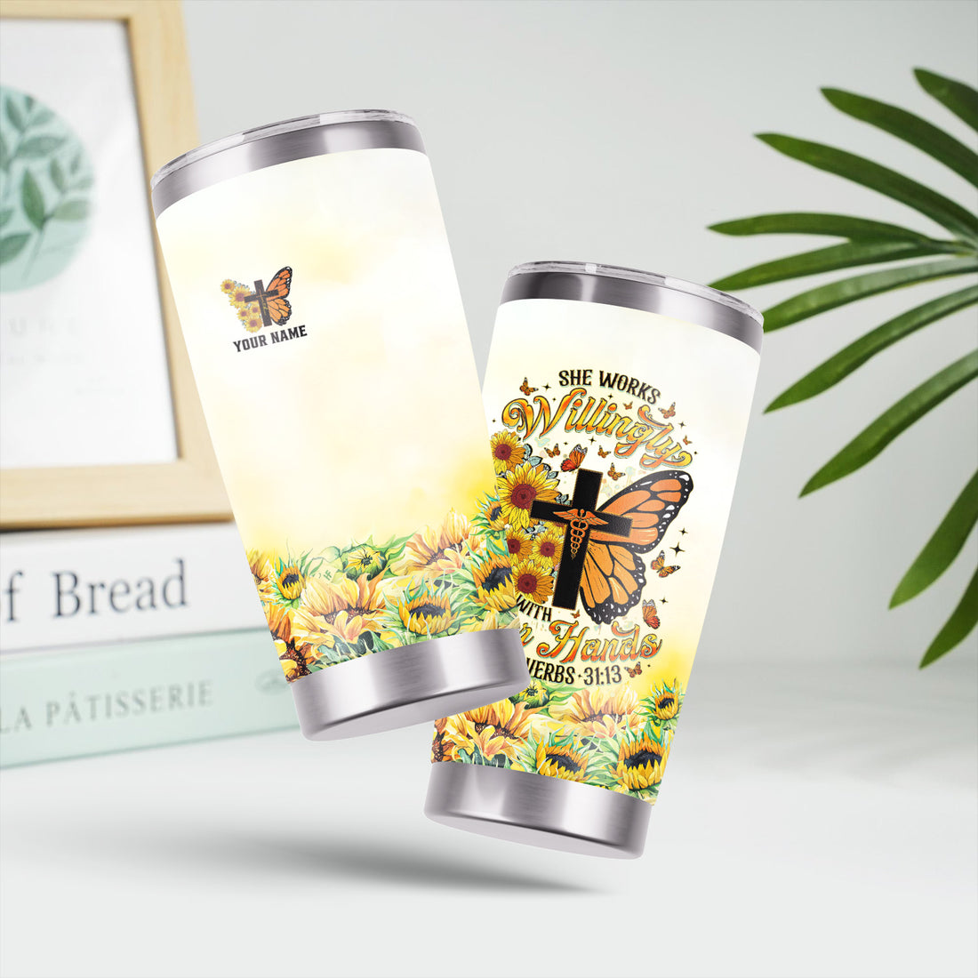 Personalized Christian Nurse Tumbler - Sunflower Butterfly Cross & Bible Verse - RN LPN CNA Healthcare Workers Gift