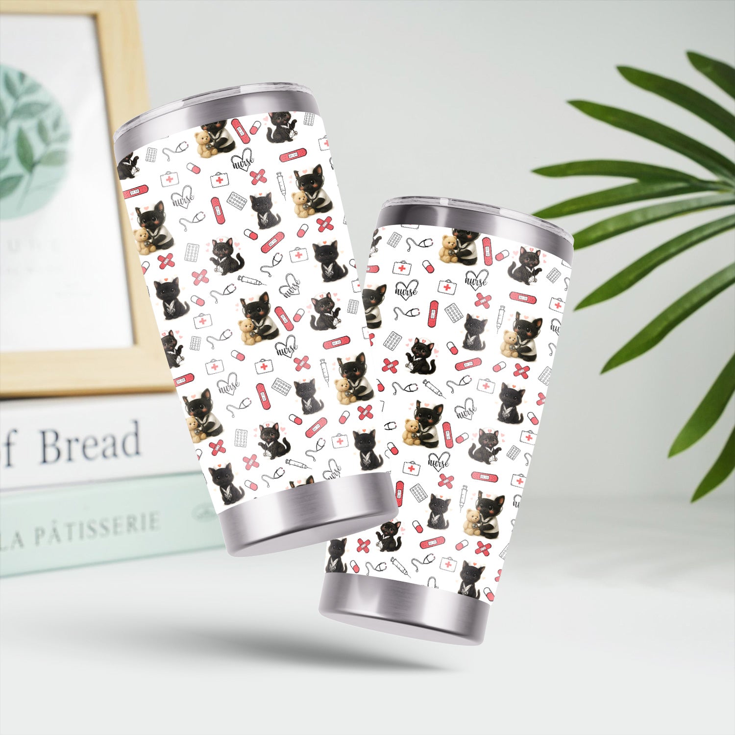 Funny Cat Lover Nurse Tumbler - Personalized RN CNA LPN Gift - Cute Medical Pattern with Black Kittens