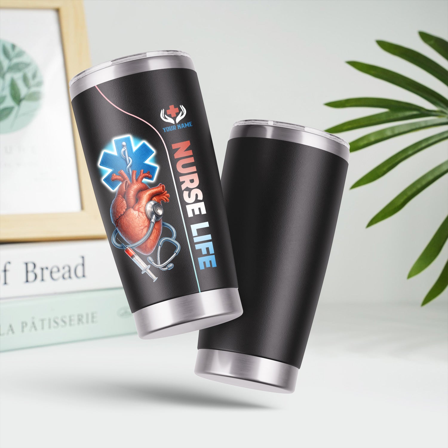 Custom Name Nurse Tumbler - Realistic Heart with Syringe & Caduceus Symbol - Medical Gift for Healthcare Worker