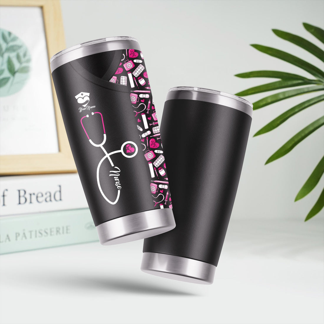 Funny Nurse Tumbler - Stethoscope & Medical Icons Design - Customizable Text Gift for Healthcare Workers, Nurses, LPN, CNA