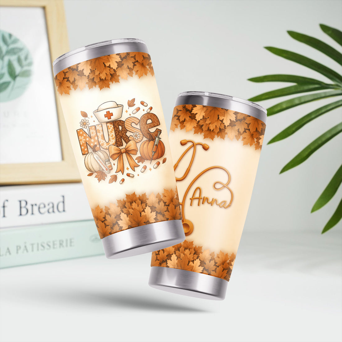 Personalized Fall Nurse Tumbler - Pumpkin Leaf Design with Name - Cute Thanksgiving Gift for RN CNA LPN Healthcare Workers