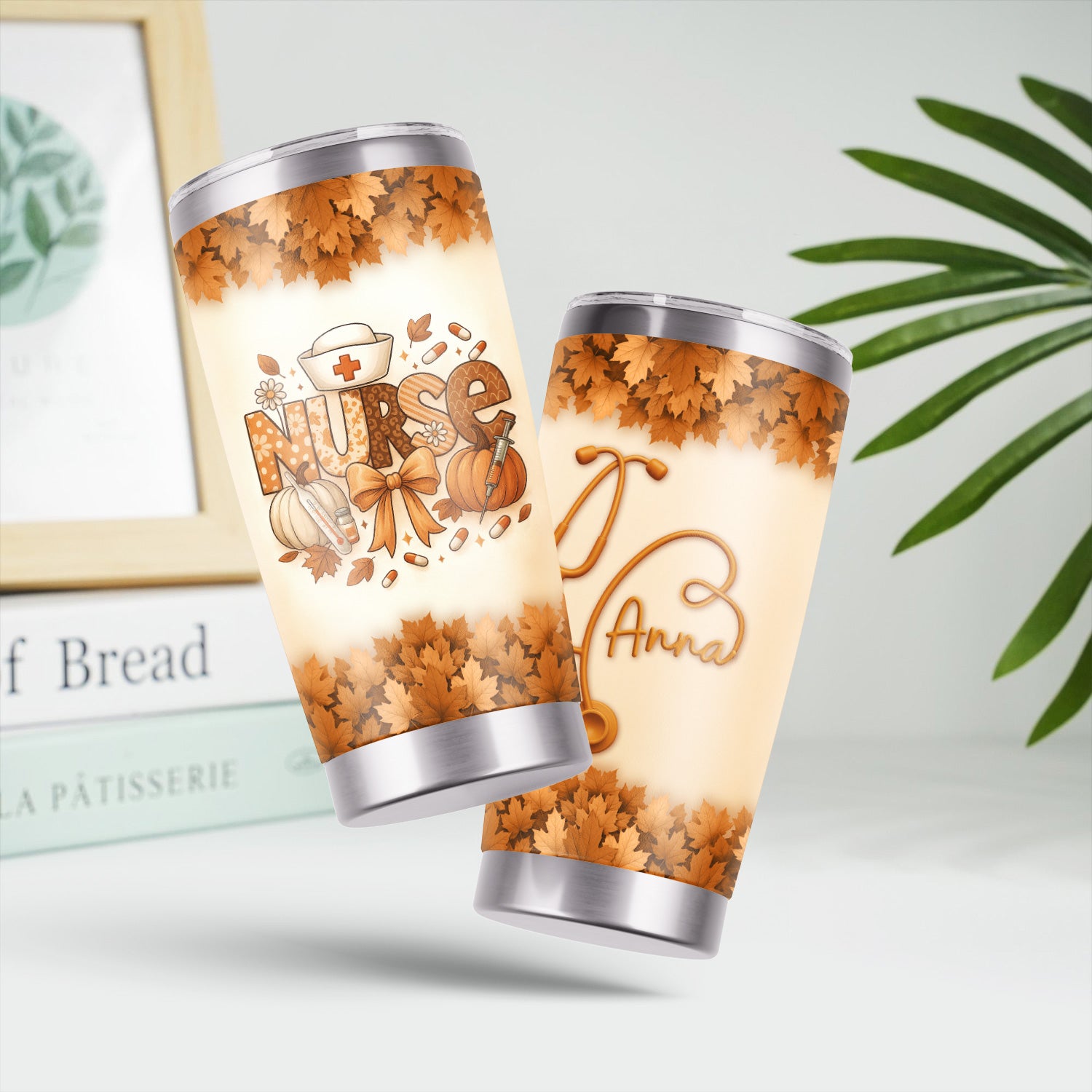 Personalized Fall Nurse Tumbler - Pumpkin Leaf Design with Name - Cute Thanksgiving Gift for RN CNA LPN Healthcare Workers