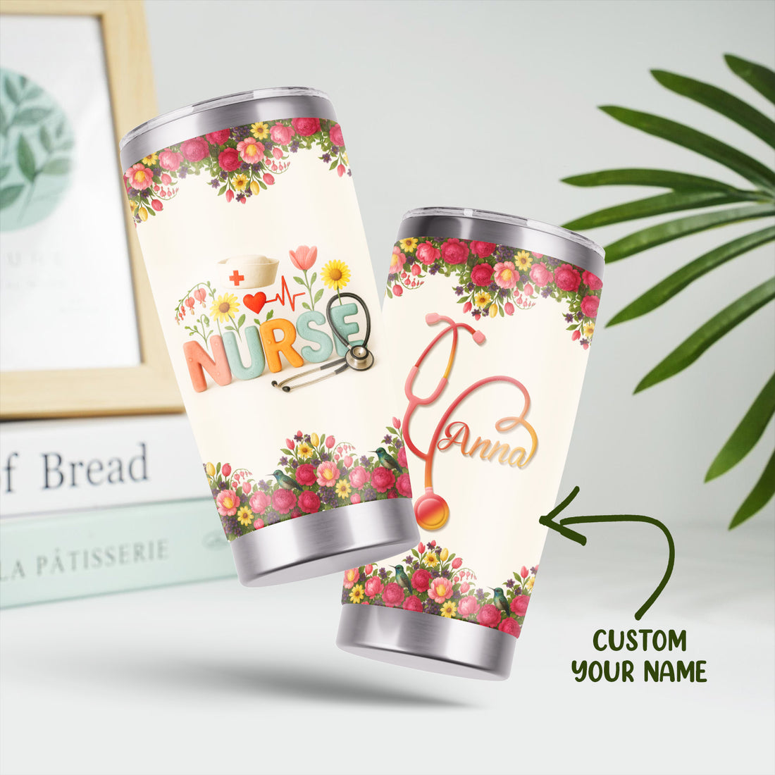 Personalized Floral Nurse Tumbler with Colorful Letters and Name - Cute Stethoscope Design - Thoughtful Gift for RN CNA LPN Women - Nurse Week or Birthday Idea