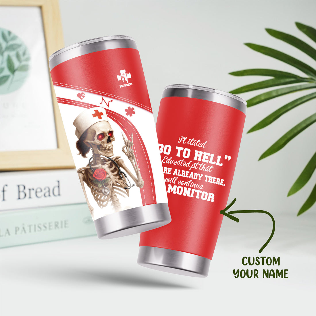 Red and White Skeleton Nurse Life Tumbler - Funny Custom Name Gift for RN LPN CNA - Dark Humor Stainless Cup for Healthcare Workers