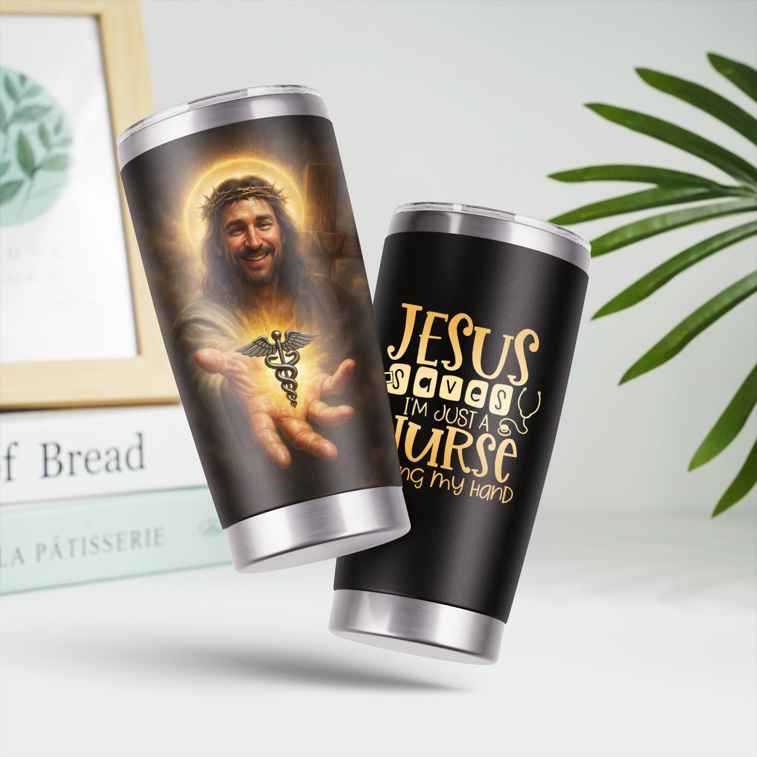 Personalized Religious Nurse Tumbler with Jesus and Caduceus Symbol - Jesus Saves Inspirational Christian Quote - Gift for RN CNA LPN