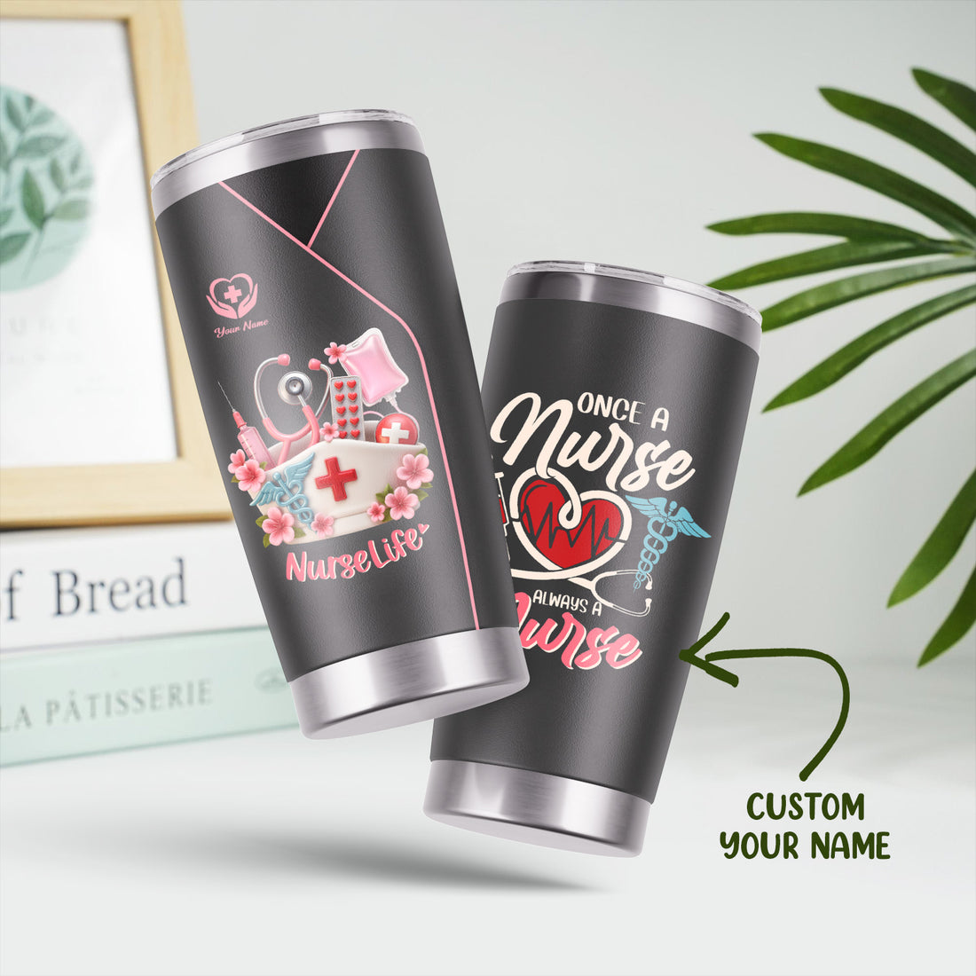 Personalized Nurse Tumbler - Cute Scrub & Heartbeat Design - Gift for RN LPN CNA Students and Workers