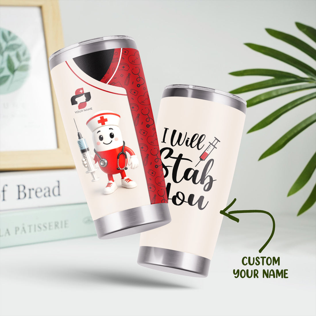 Funny Personalized Nurse Tumbler - Cartoon Pill Design Stainless Steel Travel Mug - RN CNA Healthcare Gift Multiple Color Options