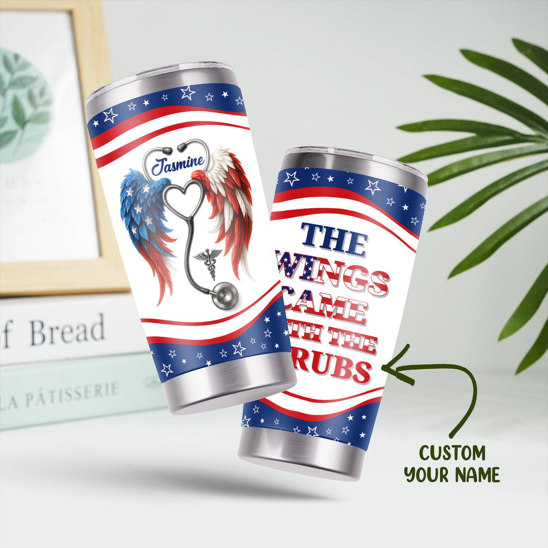 Personalized Nurse Tumbler - American Flag Angel Wings Stethoscope - The Wings Came With The Scrubs Gift