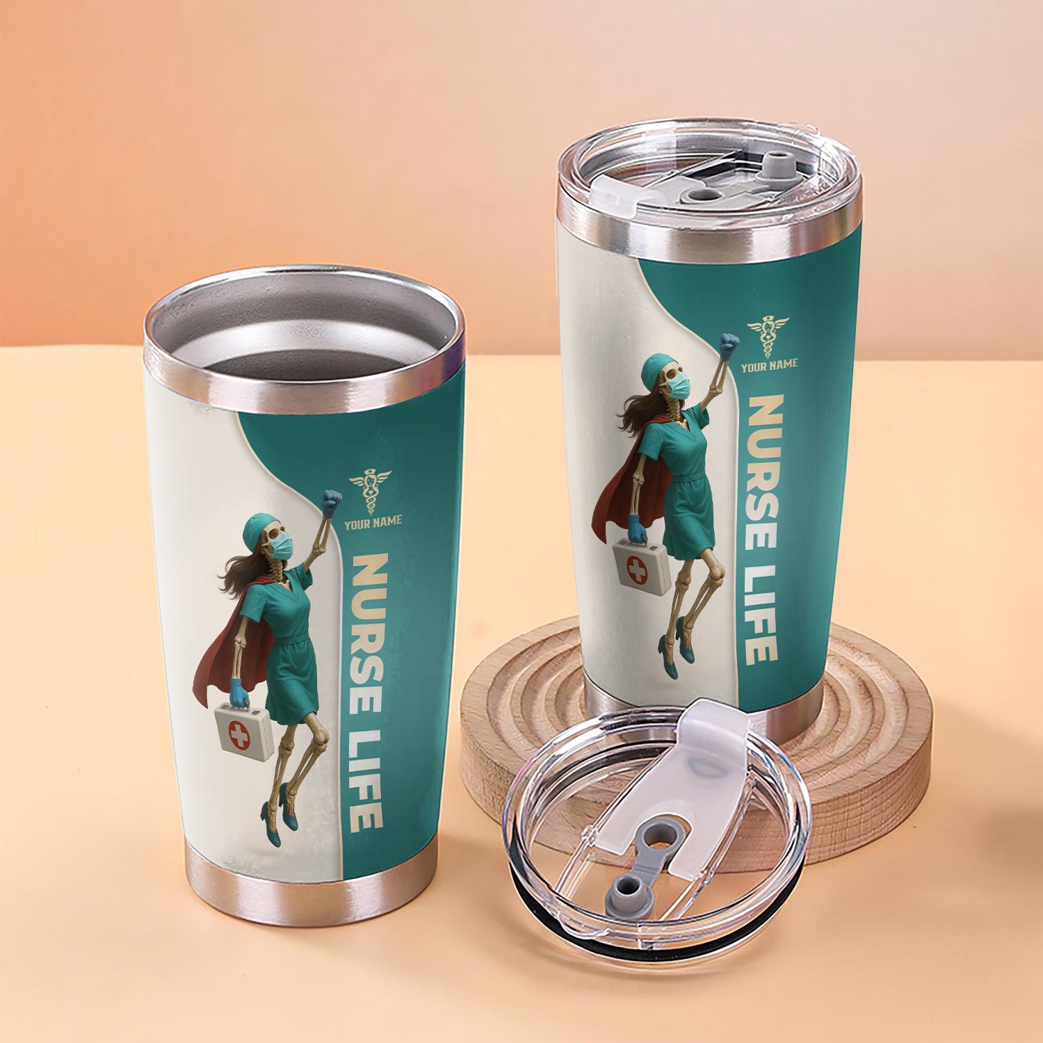 Nurse Superhero Tumbler - Personalized Skeleton Nurse Travel Mug - Custom Gift for RN, LPN, CNA