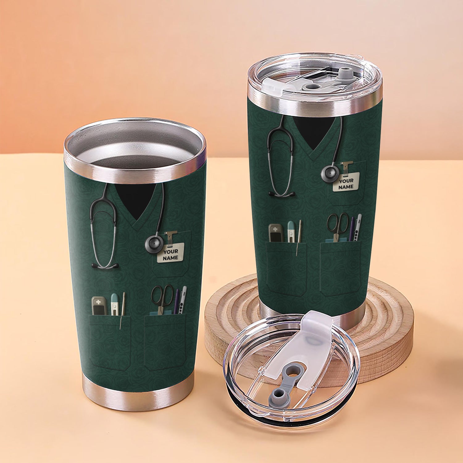 Custom Nurse Tumbler with Name - Green Scrubs Travel Mug with Medical Tools - Gift for RN CNA LPN Nursing Student