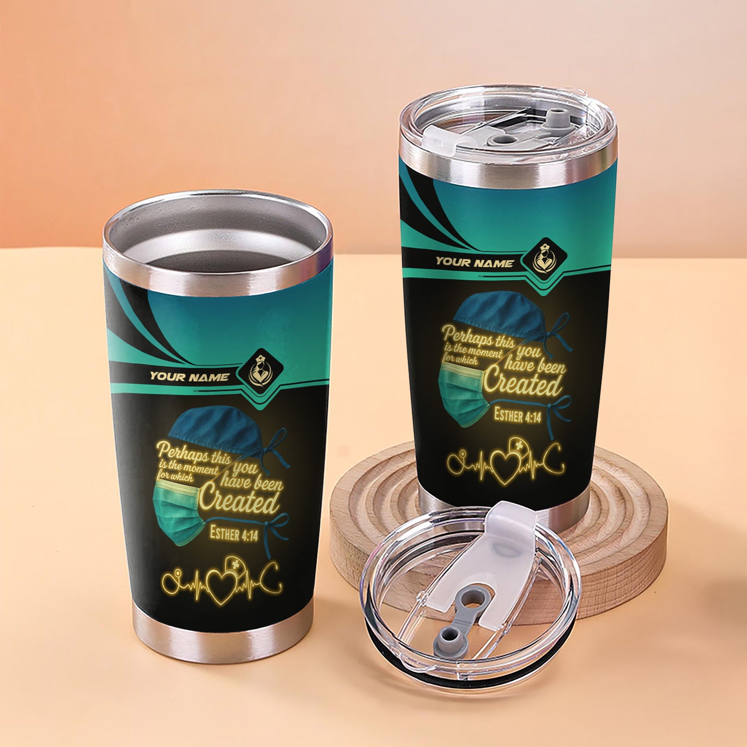 Custom Nurse Tumbler with Mask & Scripture - Perhaps You Were Created for This Moment - RN LPN CNA Gift