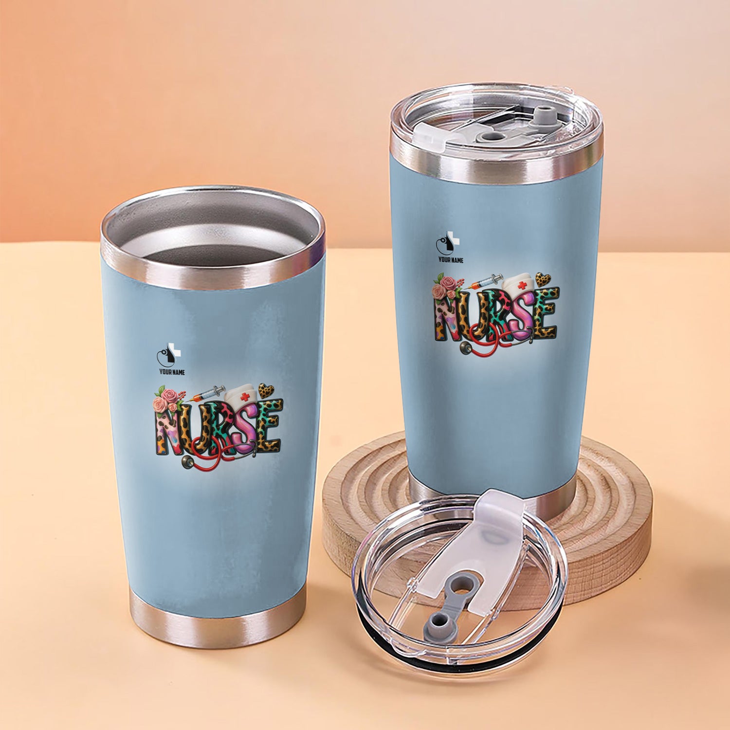 Custom Name Nurse Tumbler - Cute Leopard Lettering and Stethoscope Design - Gift for Registered Nurses CNA RN LPN - Stainless Steel Travel Mug for Healthcare Heroes