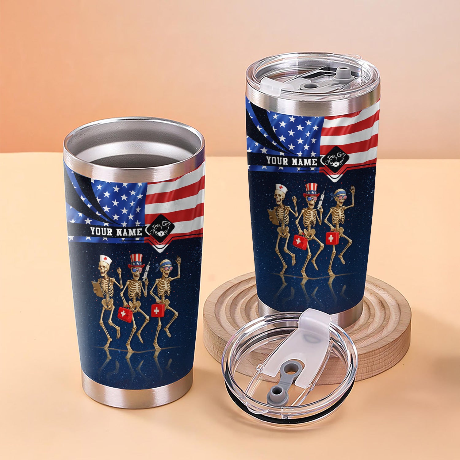 Personalized Skeleton Nurse Tumbler - 4th of July USA Flag Design - Funny Gift for RN LPN CNA Healthcare Workers