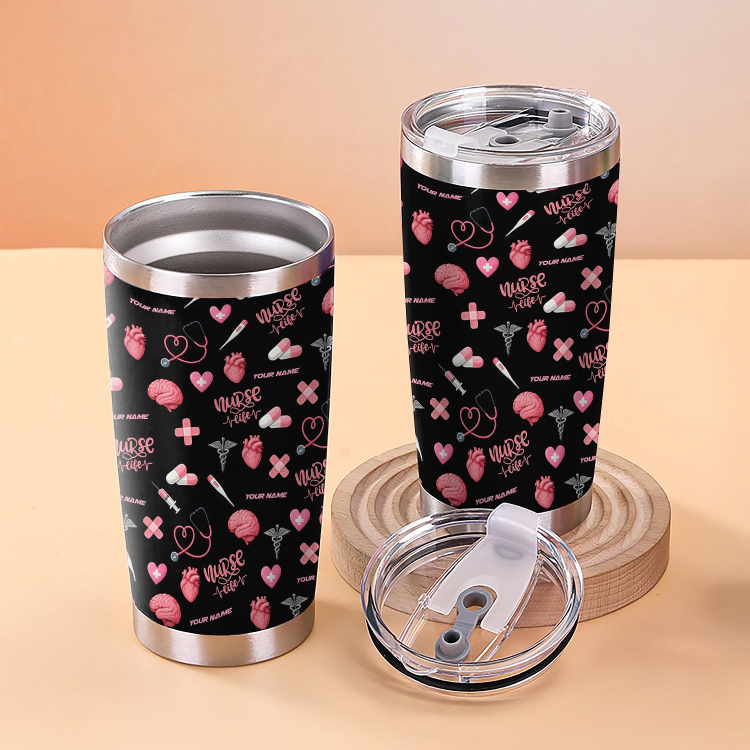 Custom Nurse Tumbler for Women - Nurse Life Design with Brain Heart Pill Graphics - Personalized Gift Idea for RN CNA LPN Healthcare Workers