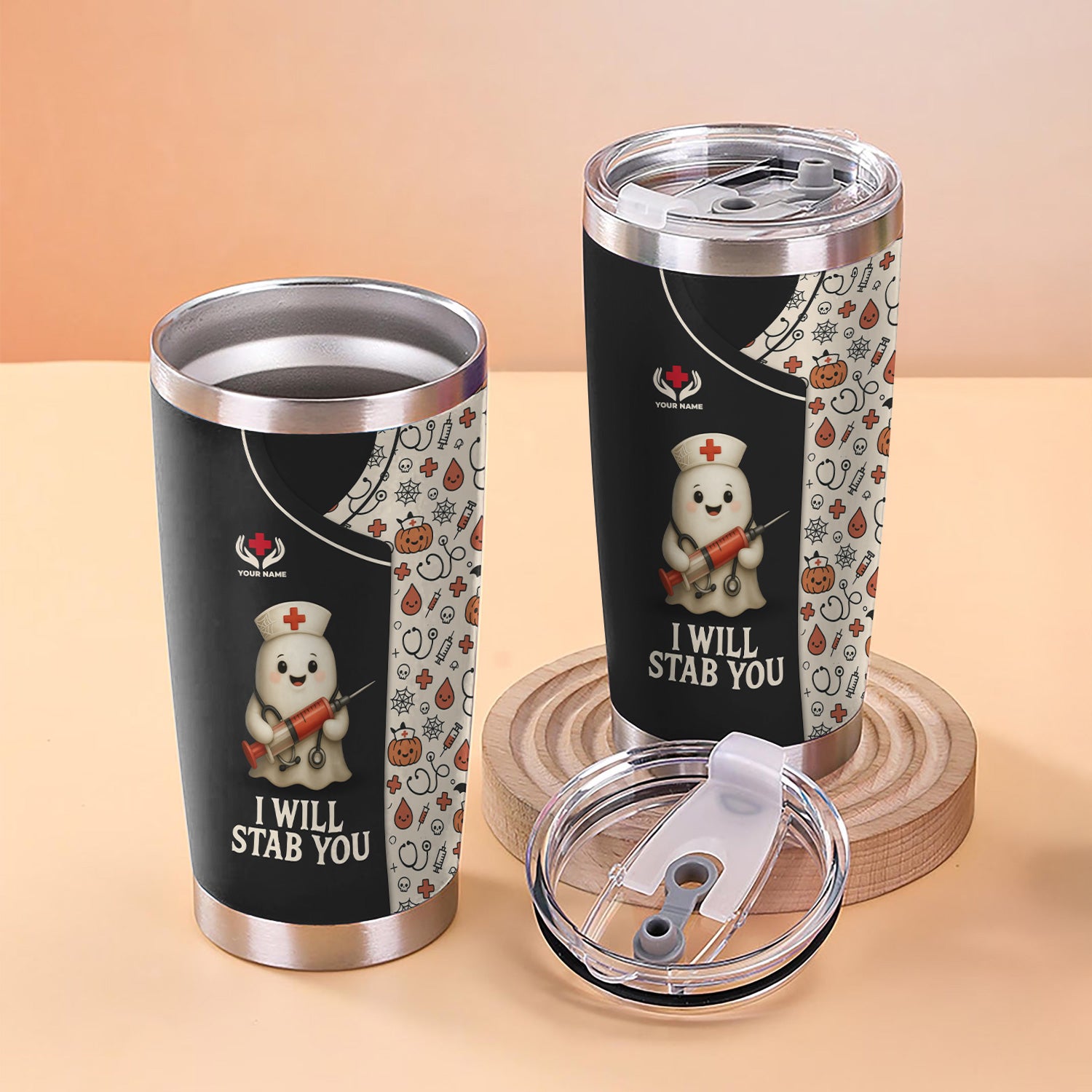 Funny Personalized Halloween Nurse Tumbler - I Will Stab You Quote with Syringe - Custom Name Gift for  RN LPN CNA Healthcare Workers