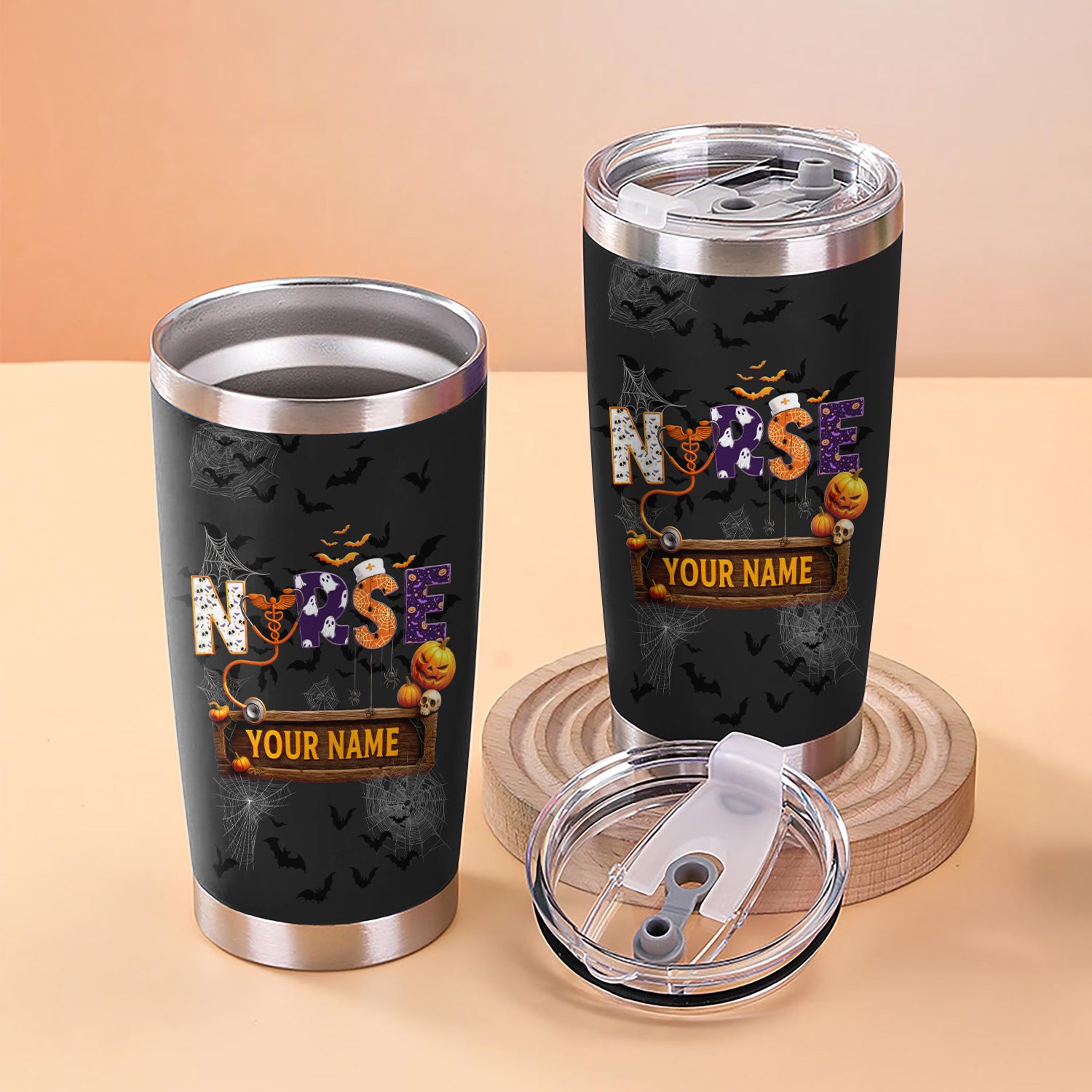 Funny Halloween Nurse Tumbler - Personalized Name & Stethoscope Design - Spooky 'Nurse' with Pumpkins and Bats - Ideal for RN, CNA, LPN Healthcare Workers
