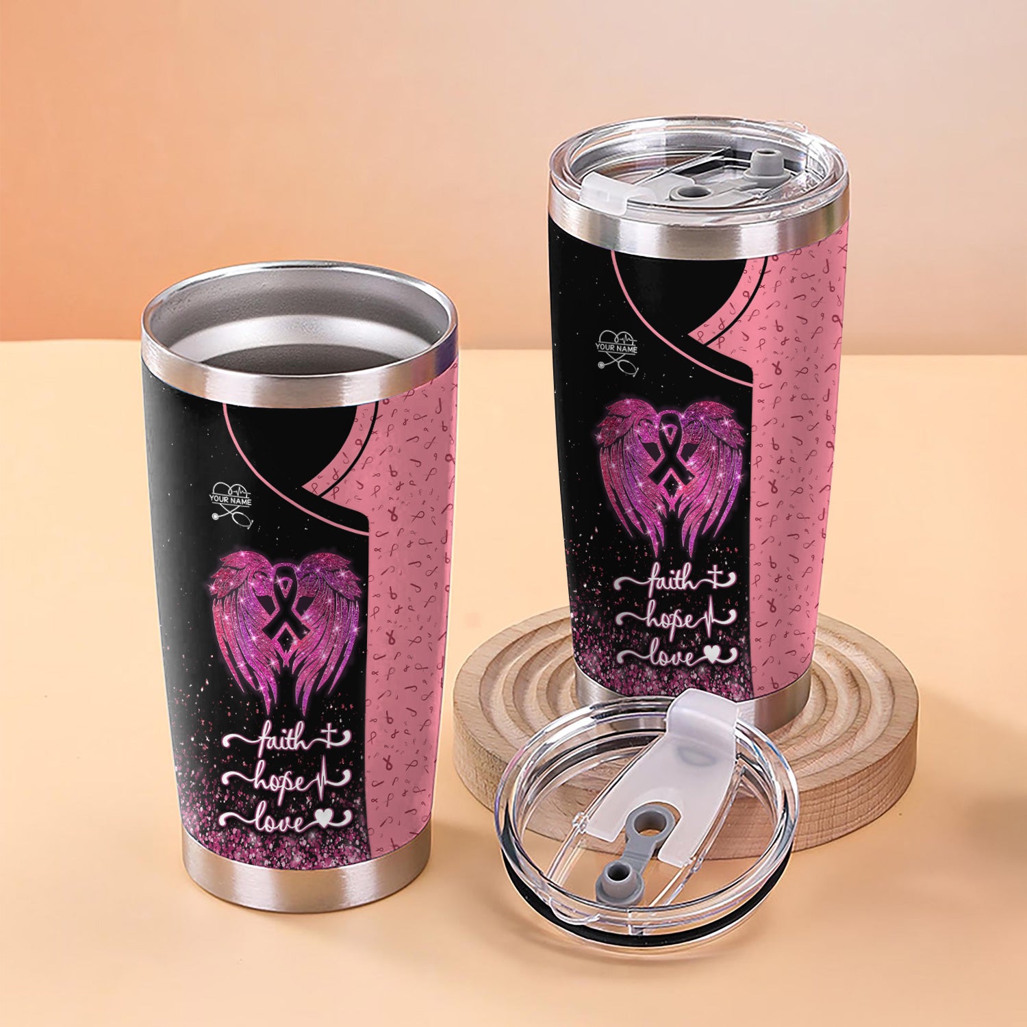 Custom Breast Cancer Awareness Tumbler - Faith Hope Love & Angel Wings - Gift for RN LPN CNA Women