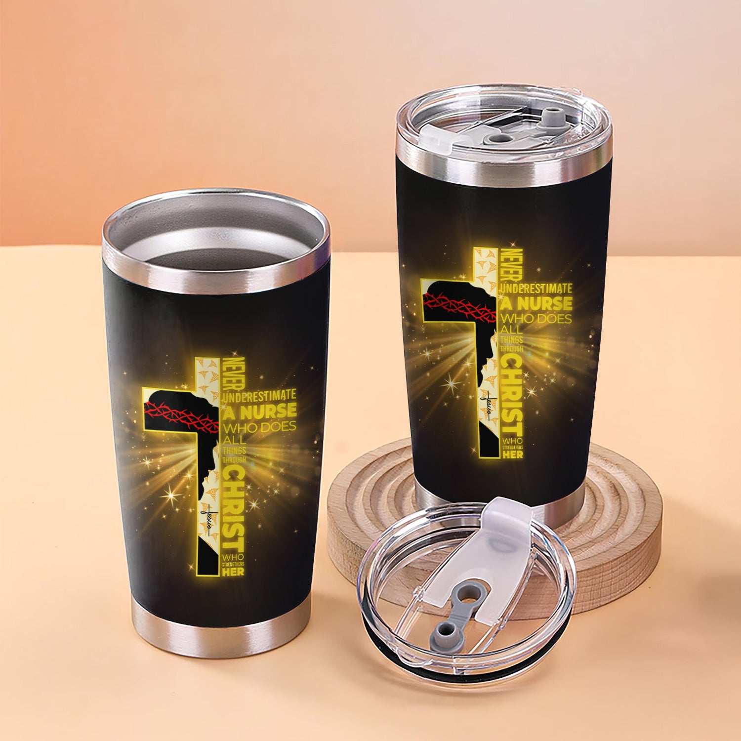 Personalized Christian Nurse Tumbler - Jesus Cross & Stethoscope with Butterflies - Custom Name Gift for Women RN LPN
