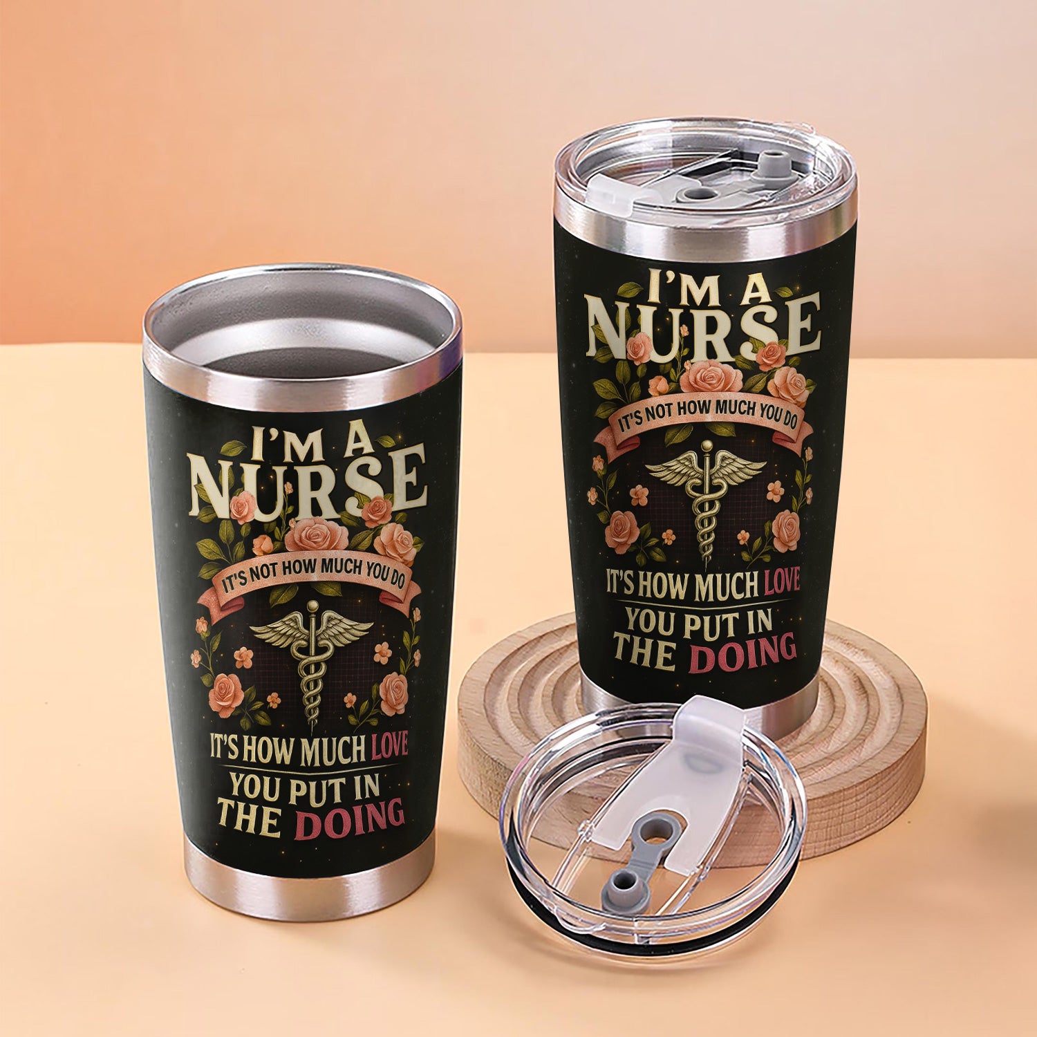 Personalized Healthcare Workers Tumbler for Nurses RN LPN CNA - Flower Medical Nursing Design with Stethoscope Caduceus - Appreciation Gift for Hospital Staff