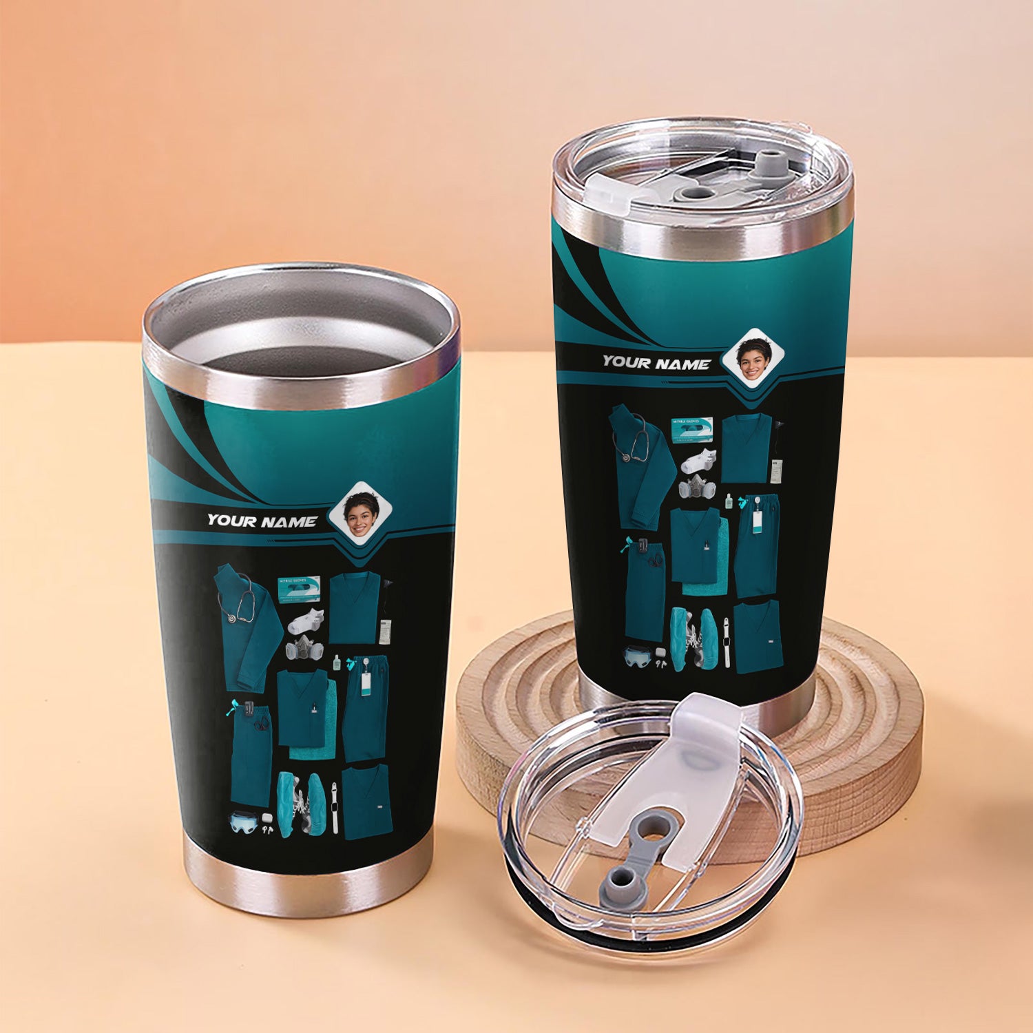 Personalized Nurse Tumbler with Scrubs & Tools - Custom Photo & Name - Gift for Healthcare Workers, RN, LPN - Multiple Scrub Colors Available