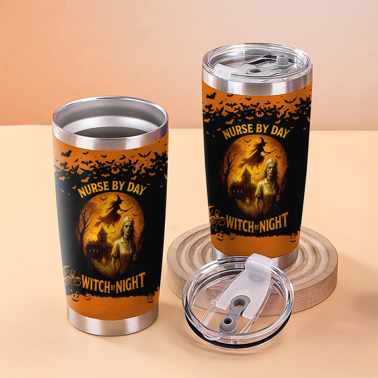 Halloween Nursing Travel Tumbler for CPN LPN RN - Scary Witch Nurse By Day Night Design - Gift for Healthcare Workers Medical Staff