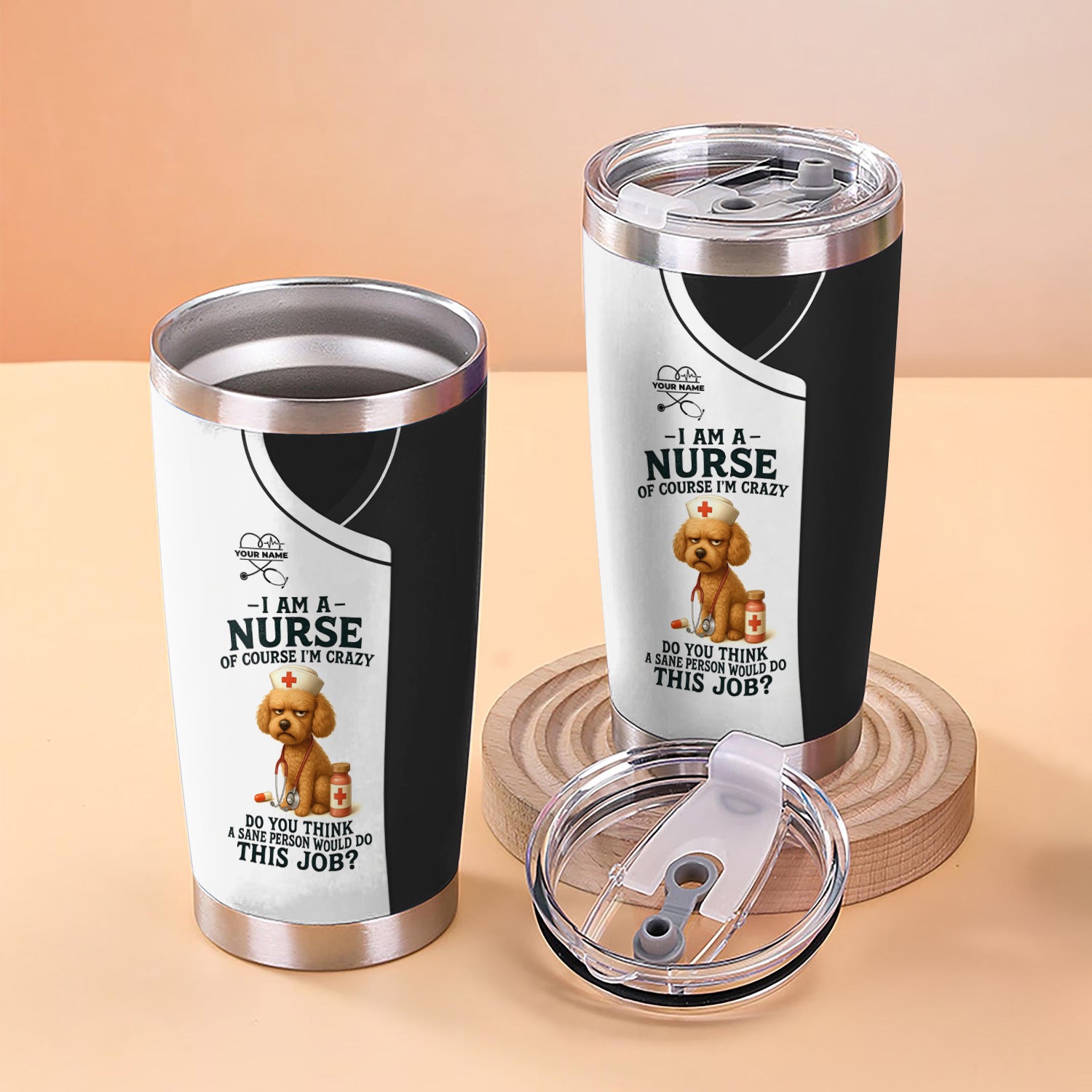 Funny Nurse Tumbler with Poodle - Personalized 20oz Stainless Steel Cup - Custom Name Humorous Gift for RN LPN CPN Dog Lover