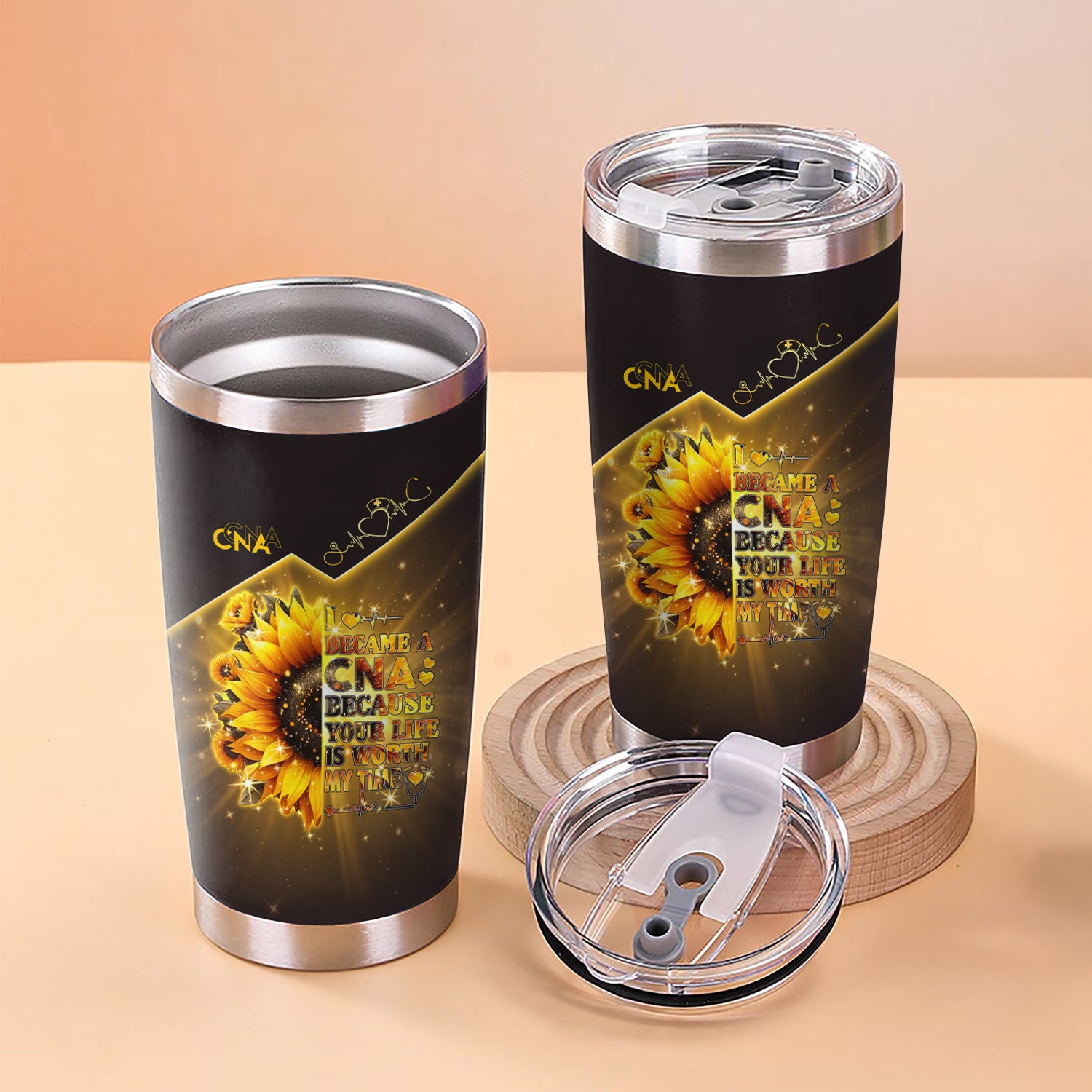 Personalized CNA Floral Tumbler - Stethoscope Sunflower Graphic Design - Gift for RN LPN CNA