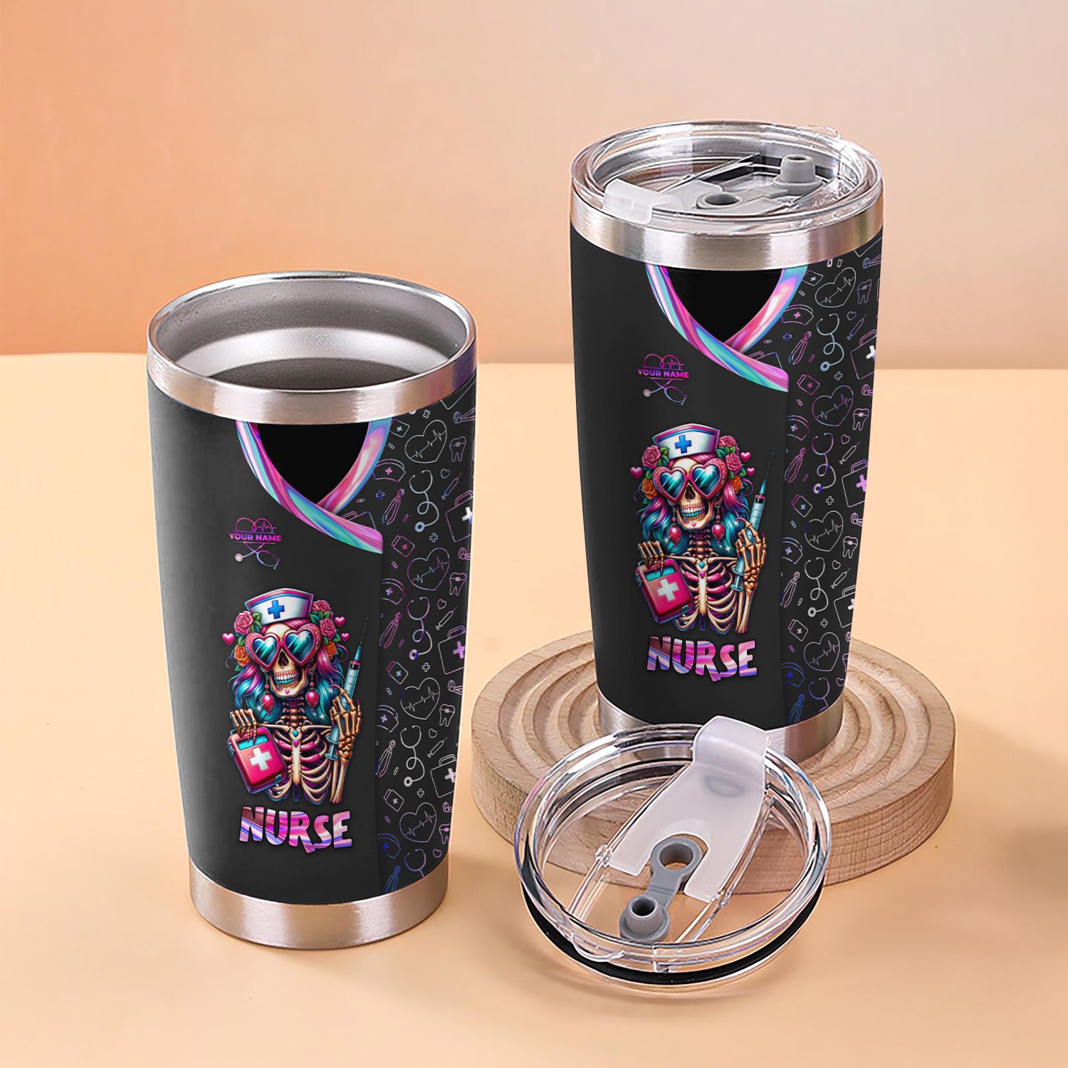 Custom Funny Skeleton Nurse Tumbler - Neon Skull with Heart Glasses & Syringe Design - Personalized Gift for RN LPN CNA