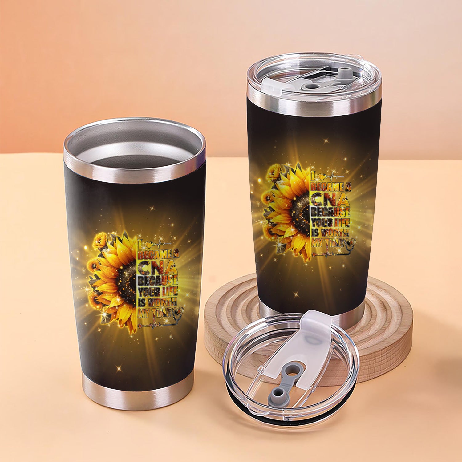 Custom CNA Floral Tumbler - Stethoscope Sunflower Graphic Design - Gift for RN LPN Healthcare Workers
