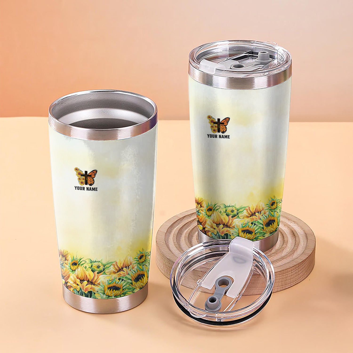 Personalized Christian Nurse Tumbler - Sunflower Butterfly Cross & Bible Verse - RN LPN CNA Healthcare Workers Gift