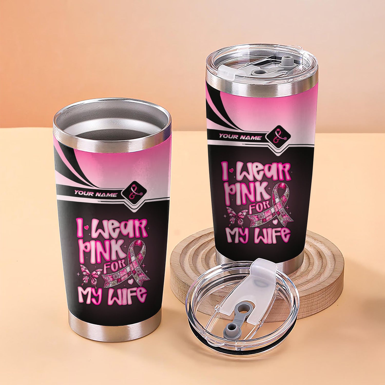 Personalized Breast Cancer Awareness Tumbler - Pink Ribbon Stainless Steel Cup - Gift for RN LPN CNA