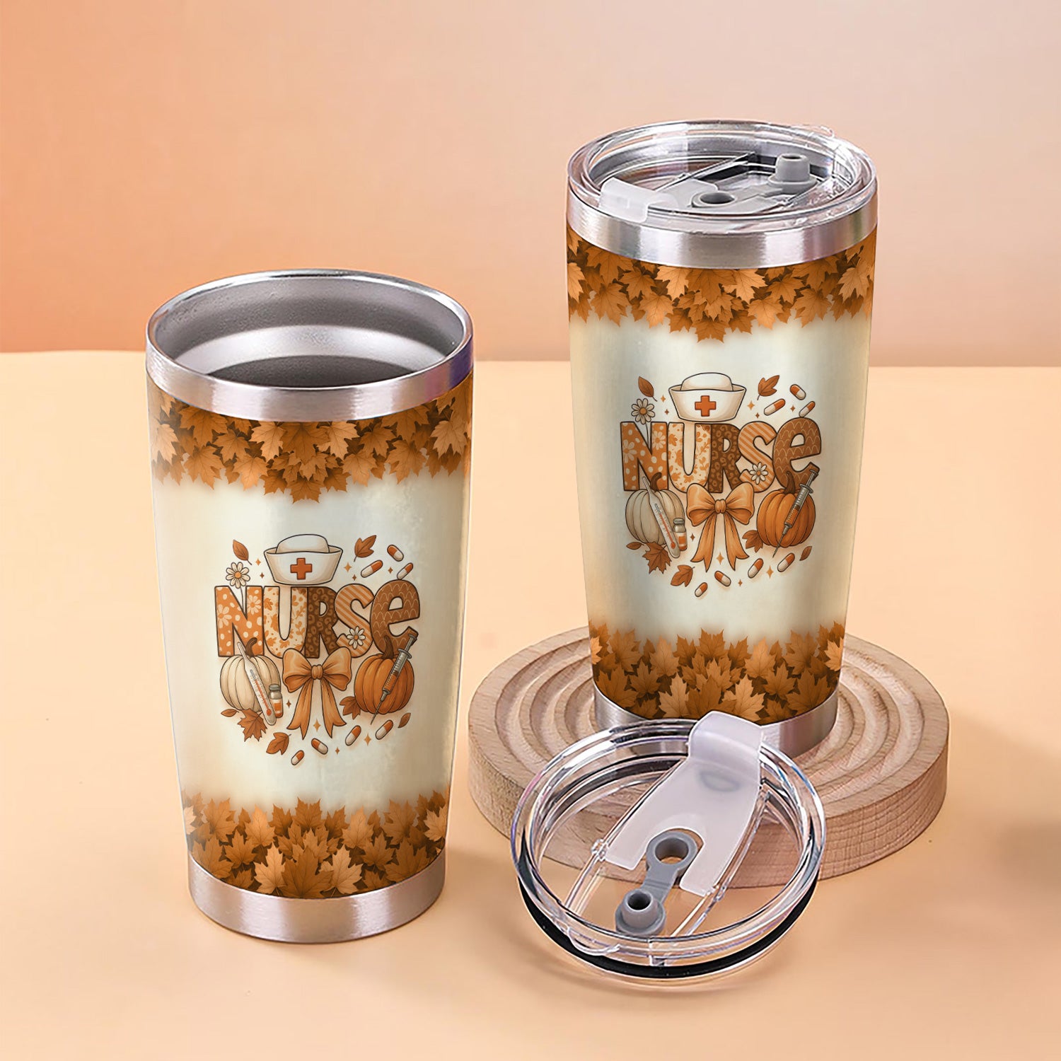 Personalized Fall Nurse Tumbler - Pumpkin Leaf Design with Name - Cute Thanksgiving Gift for RN CNA LPN Healthcare Workers