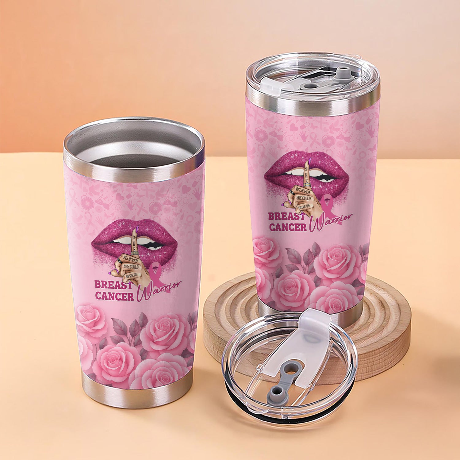 Personalized Breast Cancer Warrior Tumbler - She Believed She Could  Pink Ribbon Design - Gift for Women RN LPN CNA
