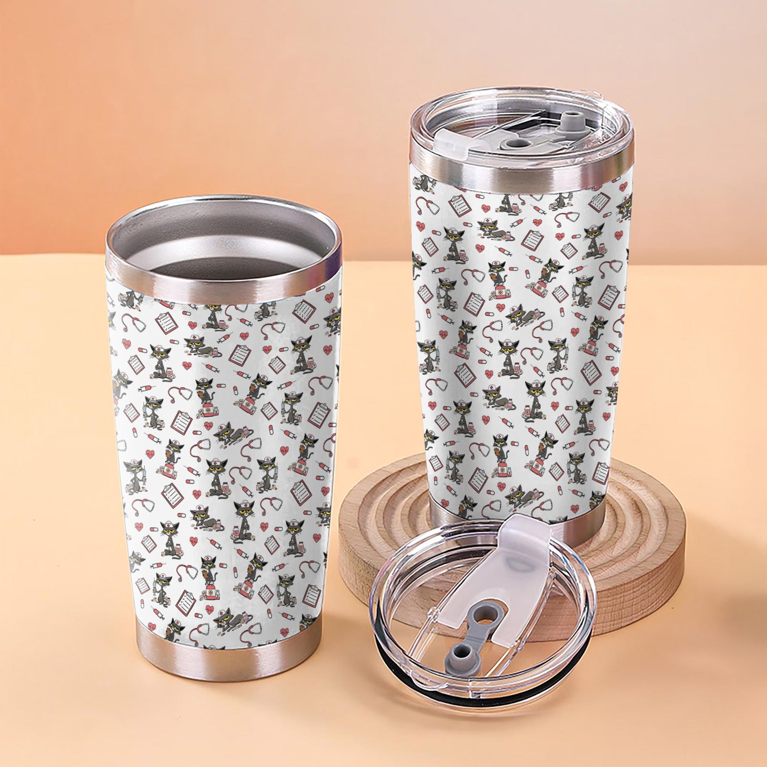 Funny Nurse Tumbler with Black Cat - Personalized 20oz Stainless Steel Cup - Gift for RN, CNA, LPN, Medical Staff