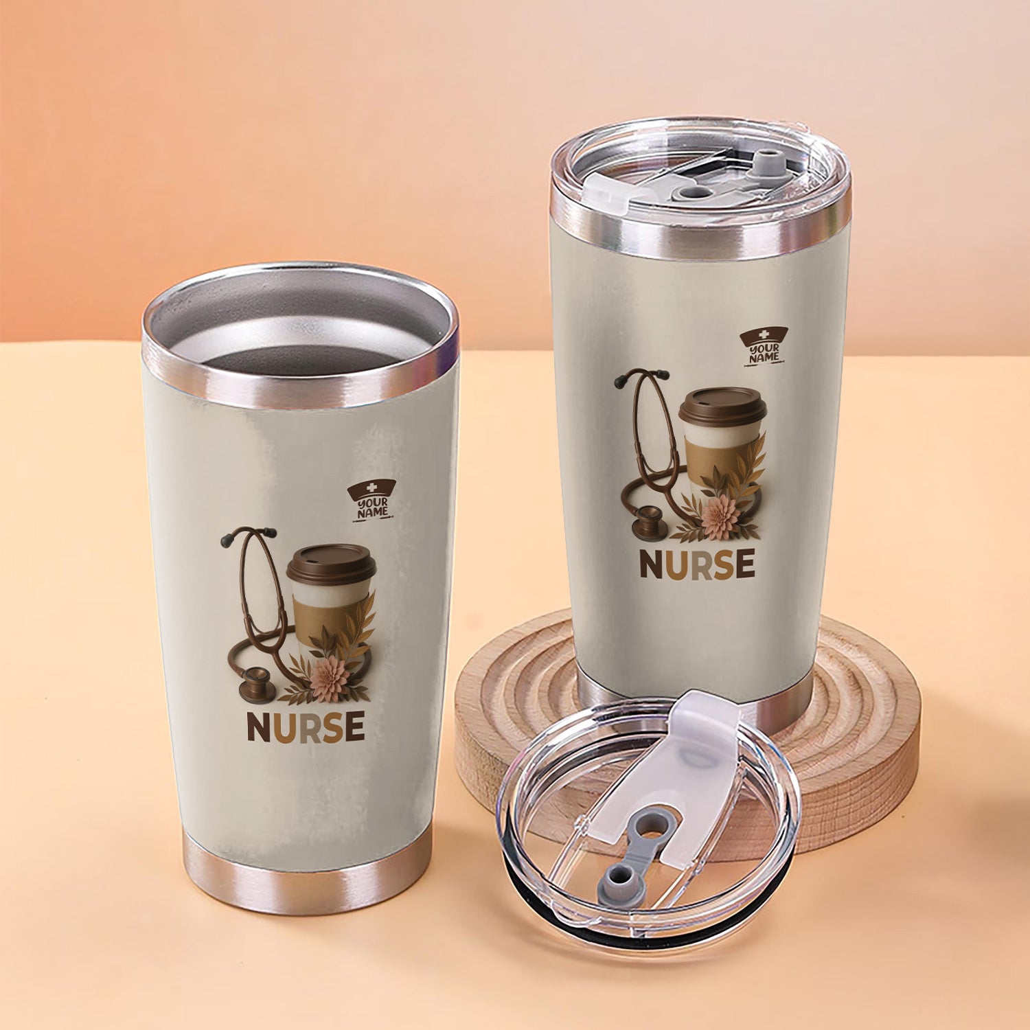 Personalized Nurse Coffee Tumbler - Stethoscope Floral Beige Design - Gift for RN LPN CNA Women
