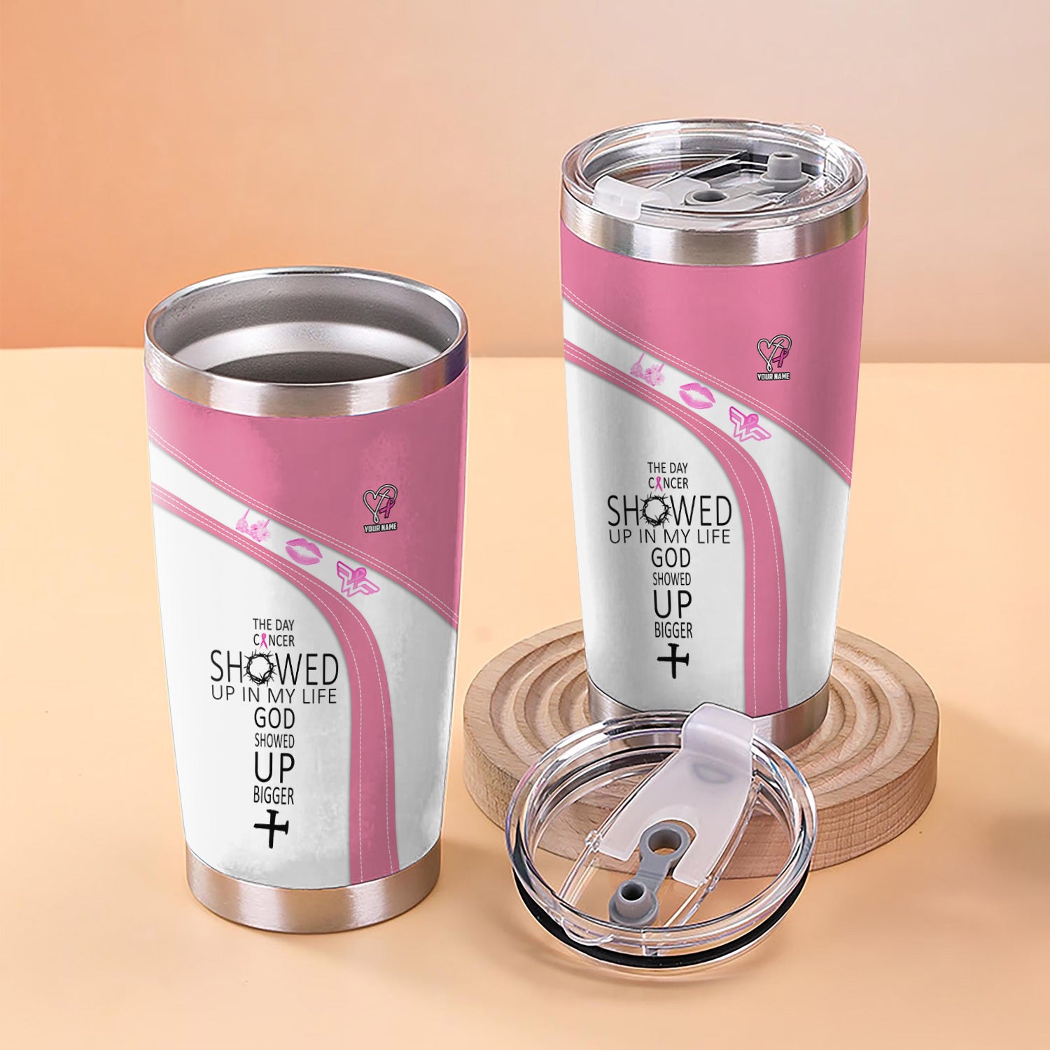 Custom Breast Cancer Awareness Tumbler - The Day Cancer Showed Up Faith Quote - Gift for Nurse RN LPN CNA