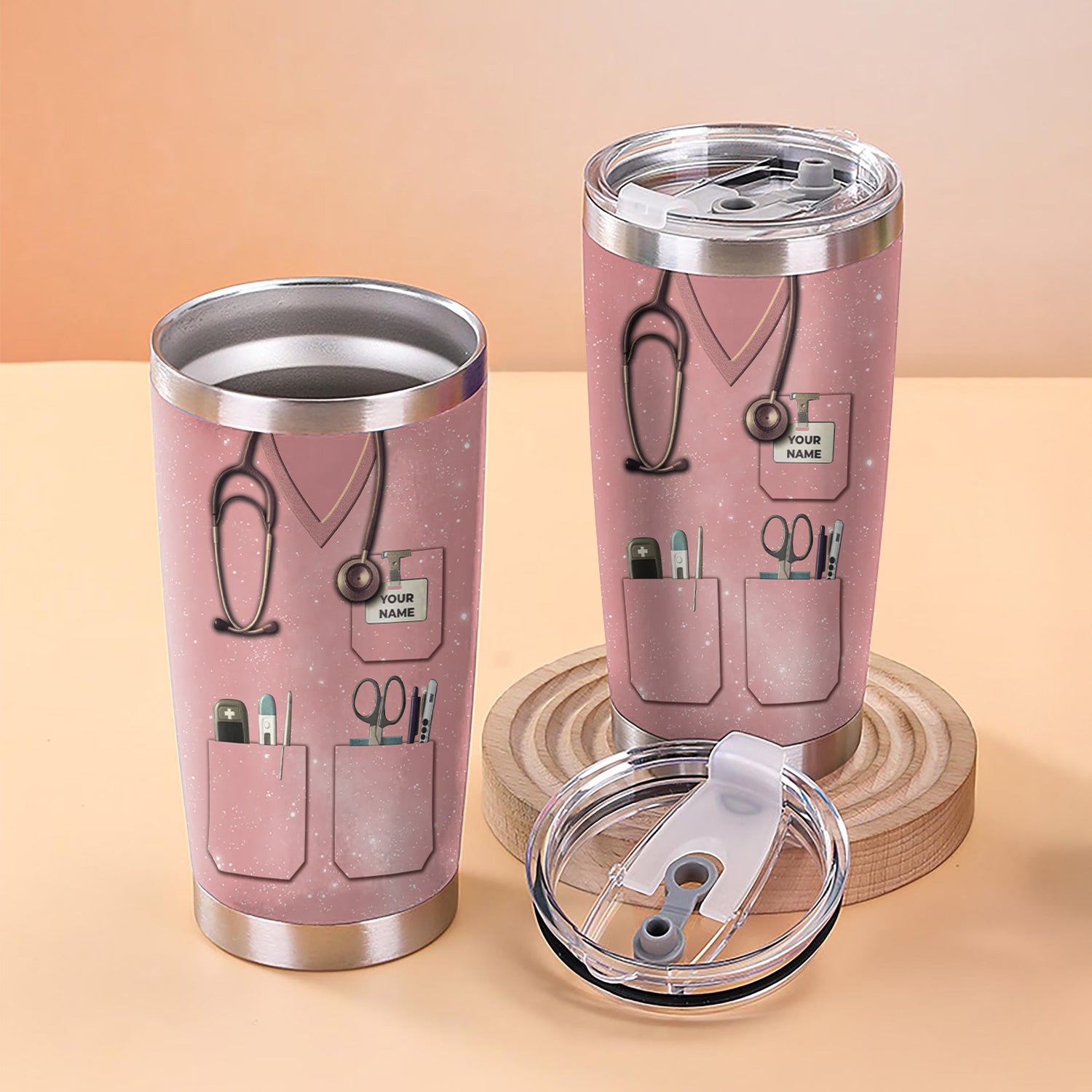 Custom Name Nurse Nutrition Facts Tumbler - Funny Medical Worker Design with Stethoscope and Tools - Appreciation Gift for RN LPN CNA