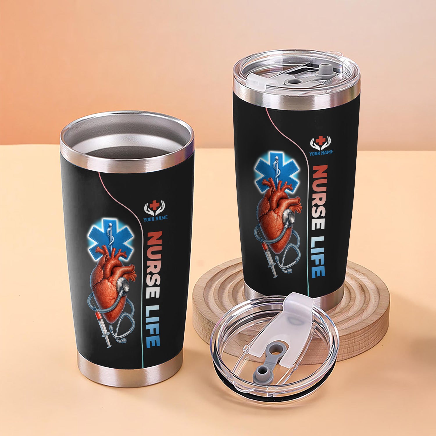 Custom Name Nurse Tumbler - Realistic Heart with Syringe & Caduceus Symbol - Medical Gift for Healthcare Worker