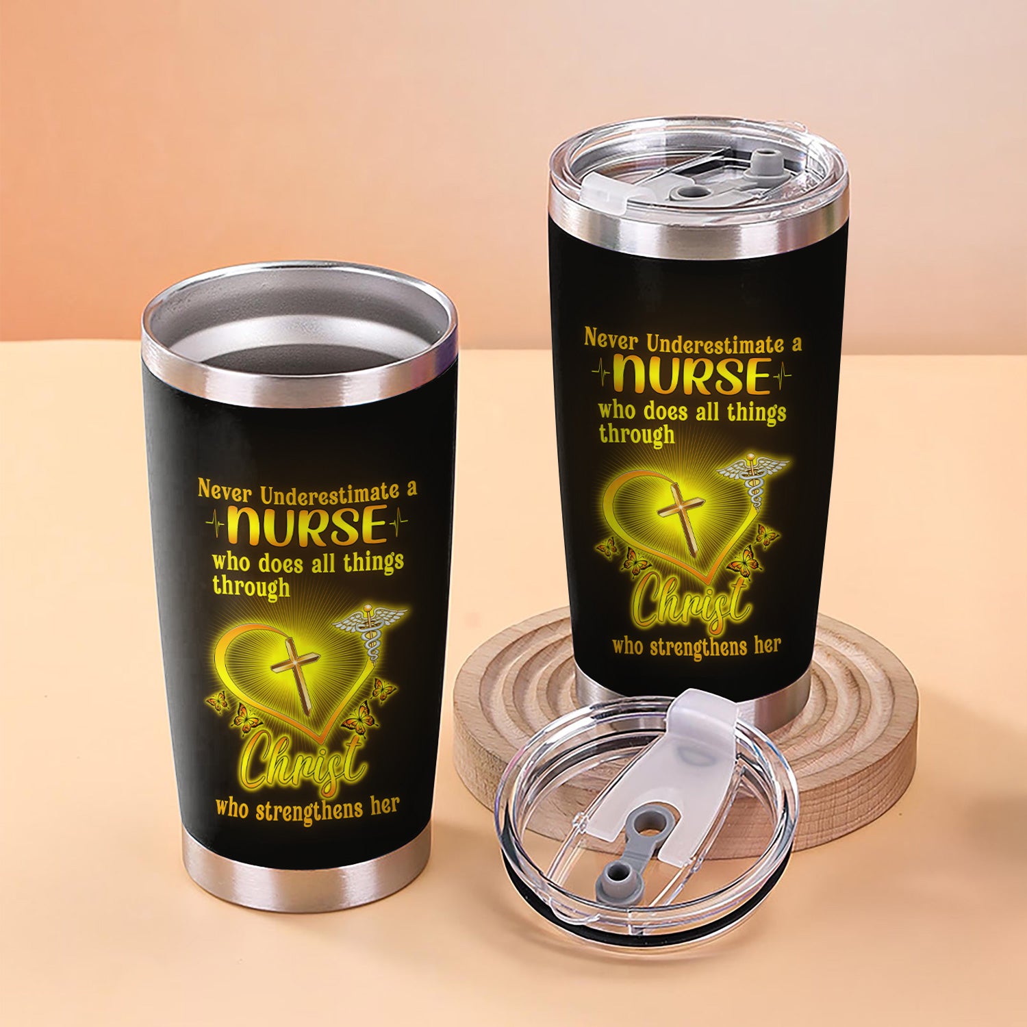 Personalized Religious Nurse Tumbler - Christian Quote with Cross & Butterfly Design - Inspirational Gift for Faithful RN LPN CNA Staff