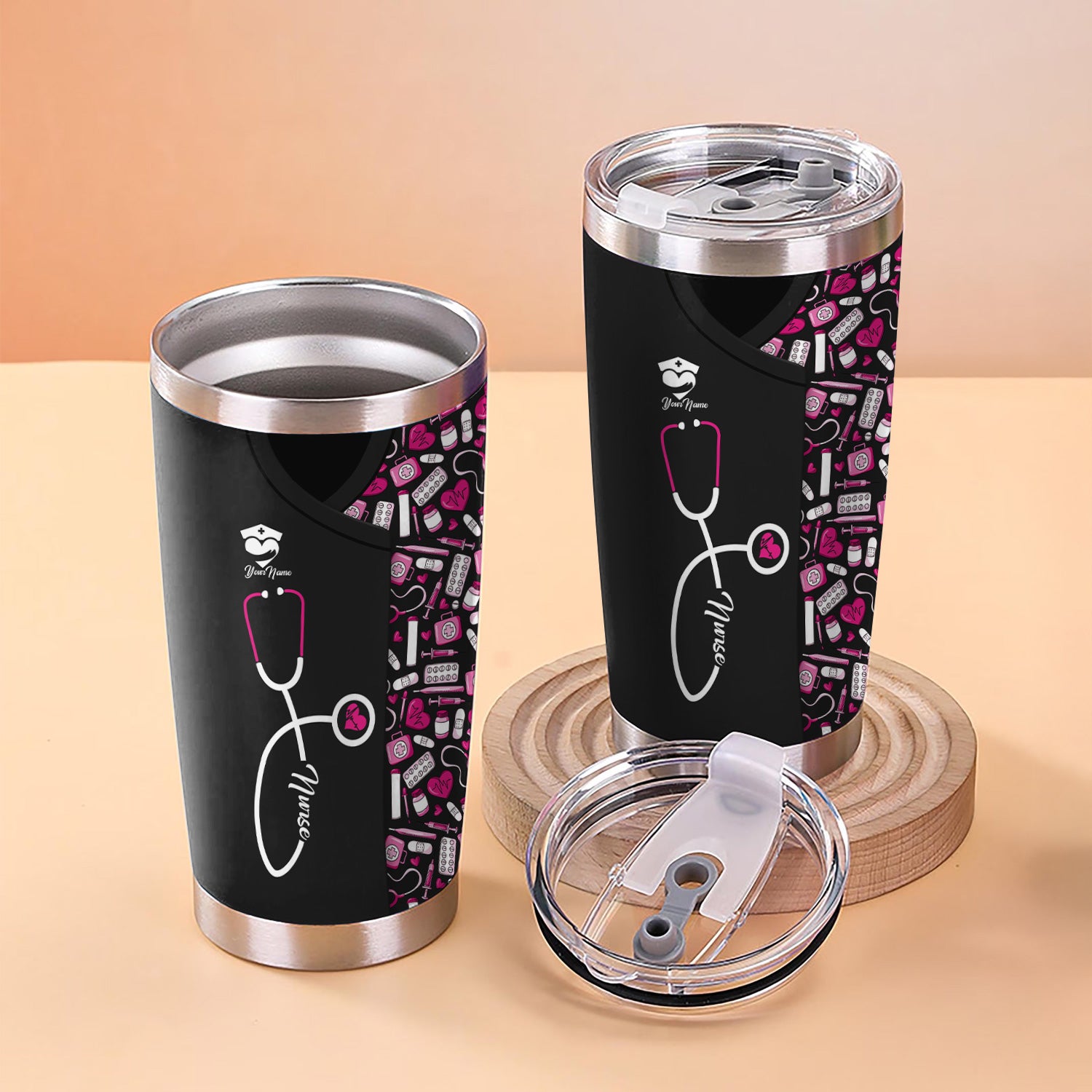 Funny Nurse Tumbler - Stethoscope & Medical Icons Design - Customizable Text Gift for Healthcare Workers, Nurses, LPN, CNA