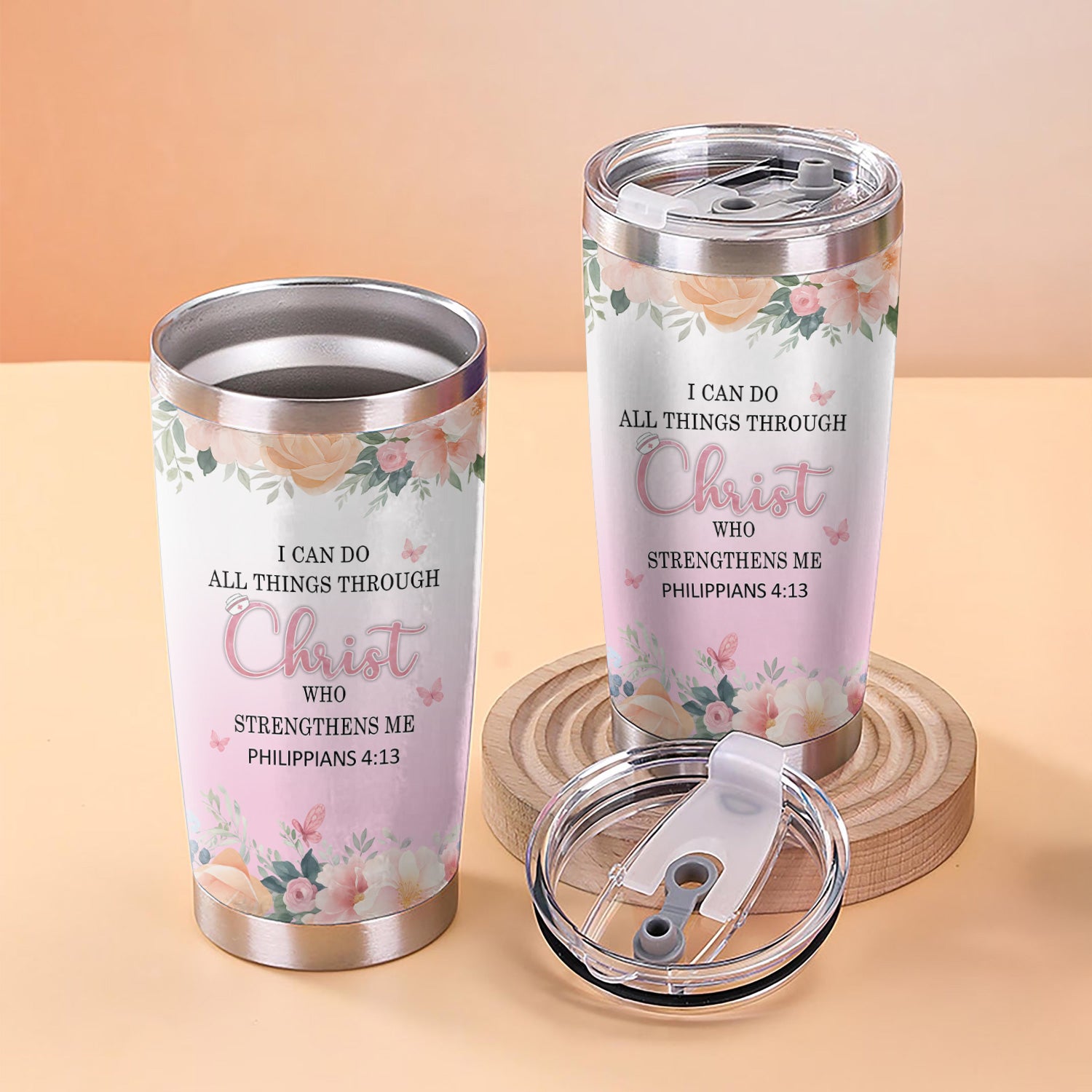 Floral Christian Nurse Tumbler - Inspirational Bible Verse Apparel - Gift for RN LPN CNA Healthcare Staff