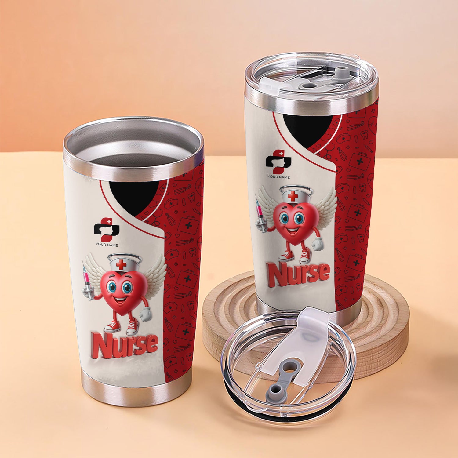 Custom Nurse Travel Tumbler - Cute Heart Cartoon with Syringe Design - Hilarious I Will Stab You Gift for Healthcare Professionals