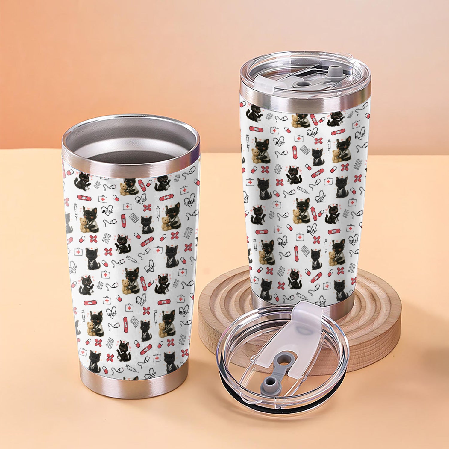 Funny Cat Lover Nurse Tumbler - Personalized RN CNA LPN Gift - Cute Medical Pattern with Black Kittens