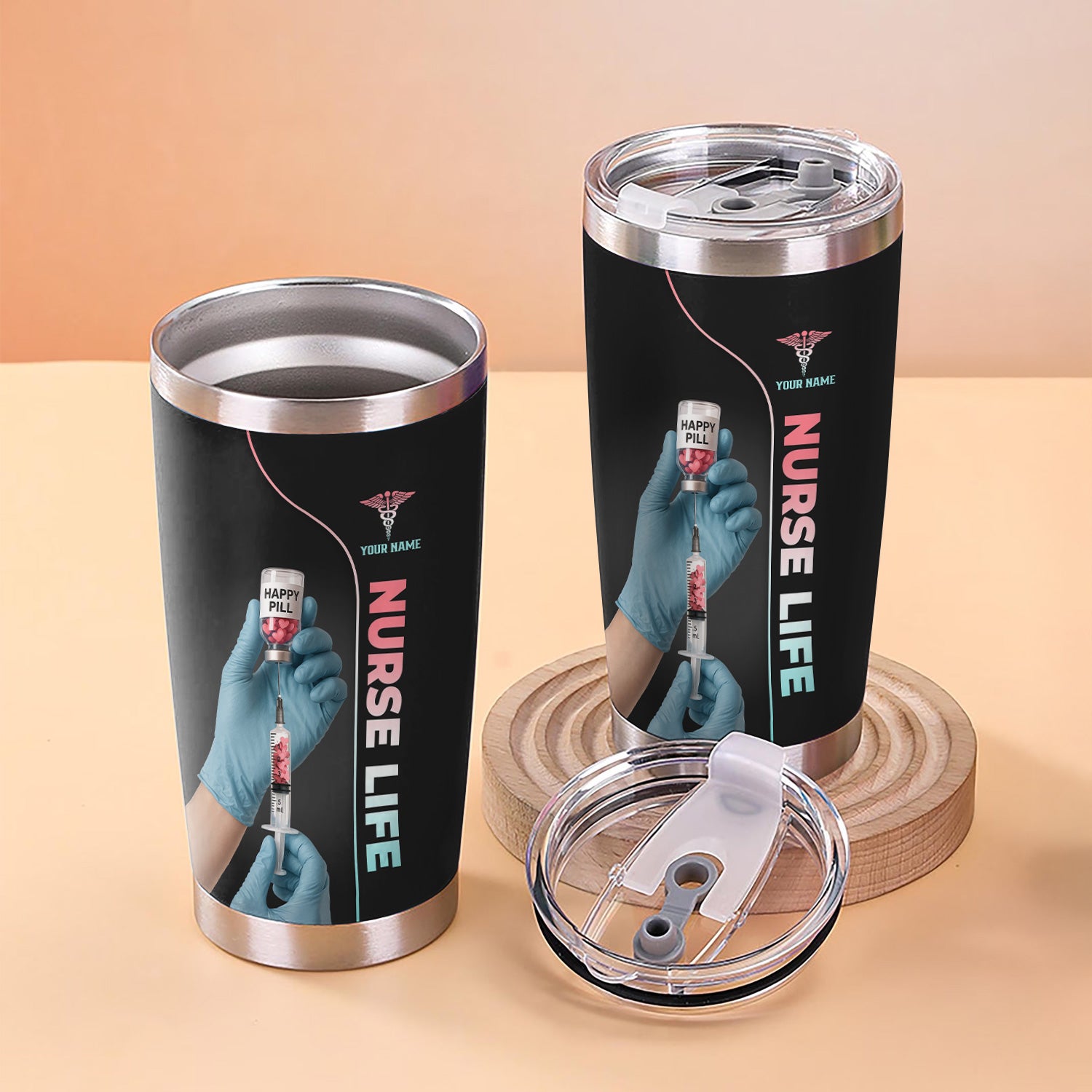 Personalized Nurse Tumbler with Name - Funny Happy Pill Design - Stainless Steel Insulated Cup - Gift for RN CNA LPN Women