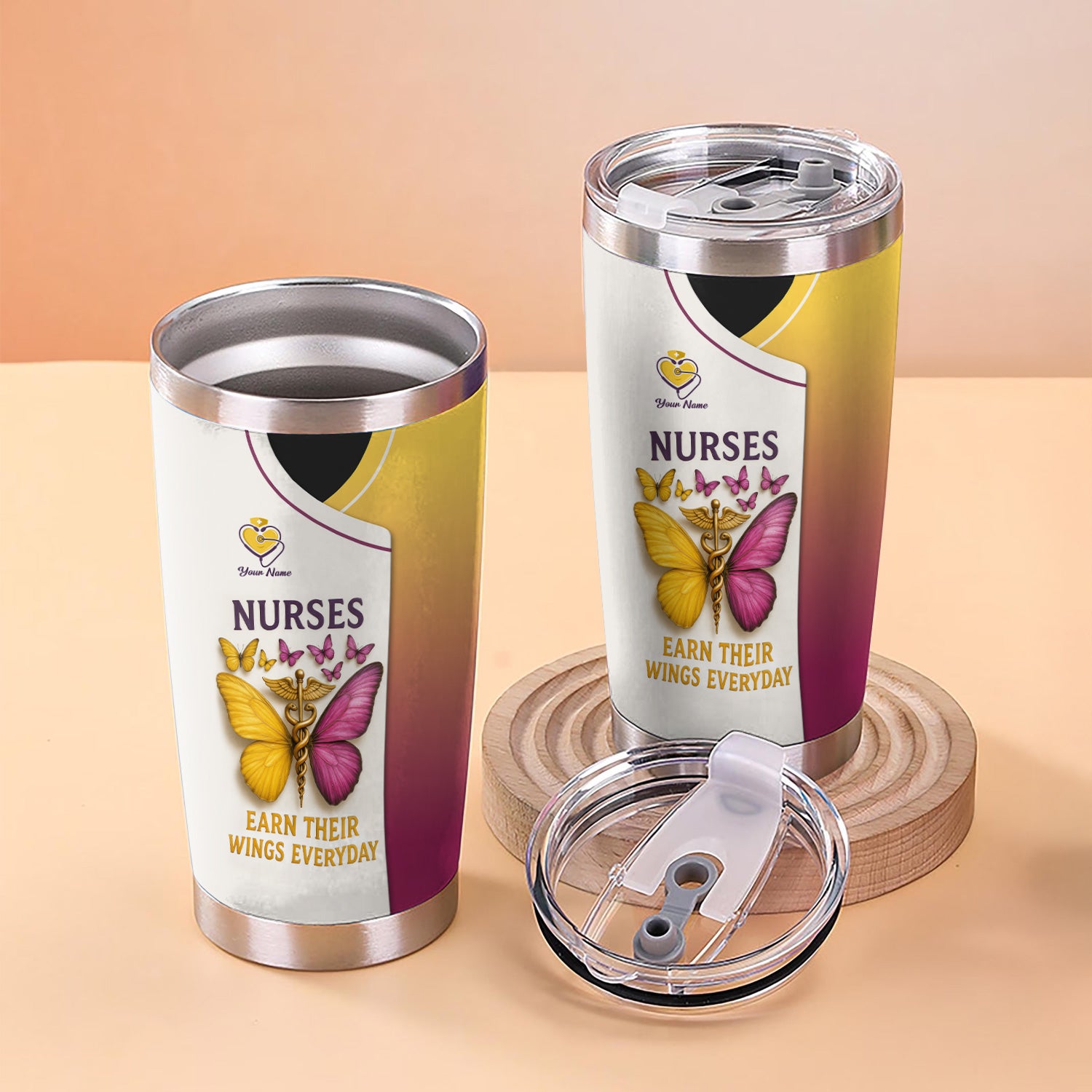 Personalized Nurse Tumbler - Butterfly Wings Everyday Design - Custom Name Gift for RN LPN CNA Women Healthcare Workers