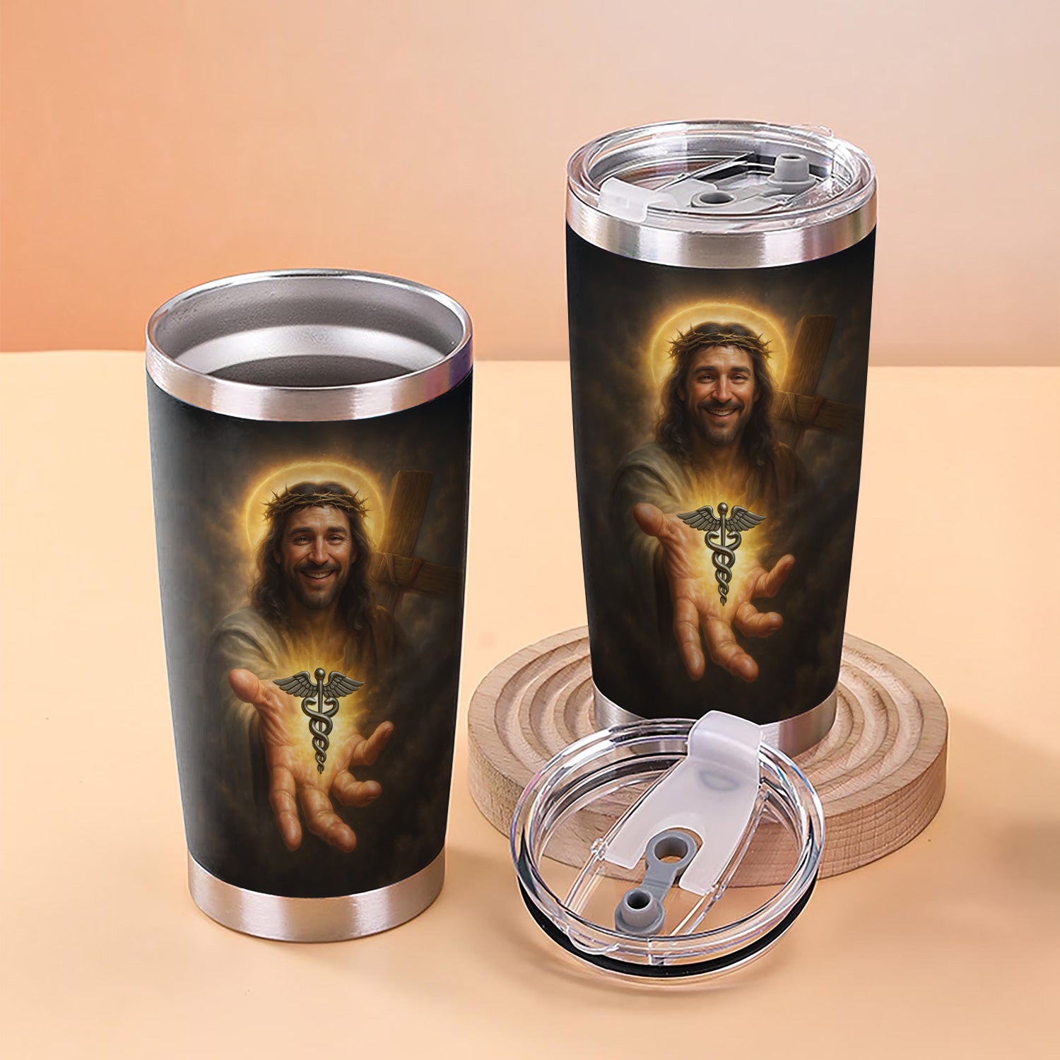 Personalized Religious Nurse Tumbler with Jesus and Caduceus Symbol - Jesus Saves Inspirational Christian Quote - Gift for RN CNA LPN